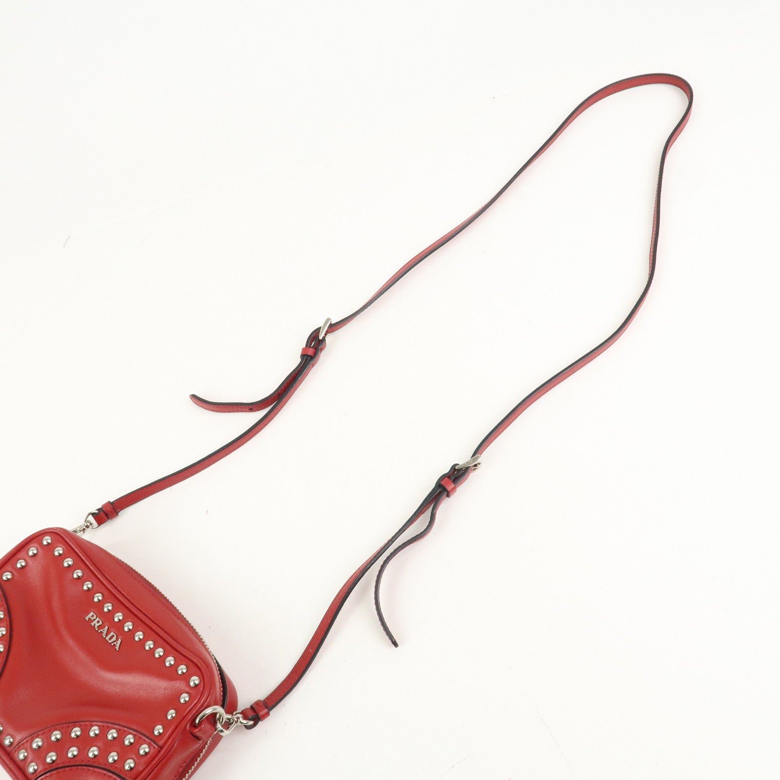 PRADA Logo Leather Mini Shoulder Bag Camera Bag Studs Red 1N1674