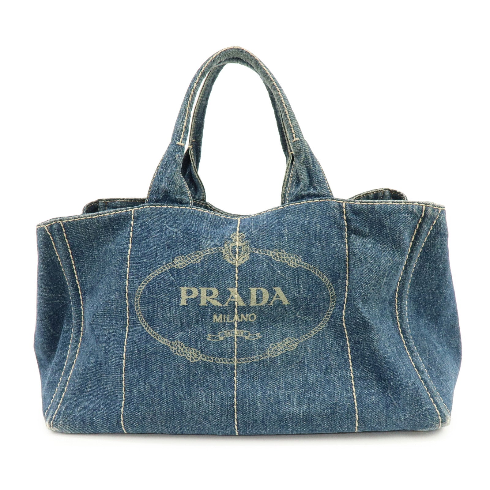 PRADA Logo Canapa Canvas Denim Large Tote Hand Bag Blue BN1872
