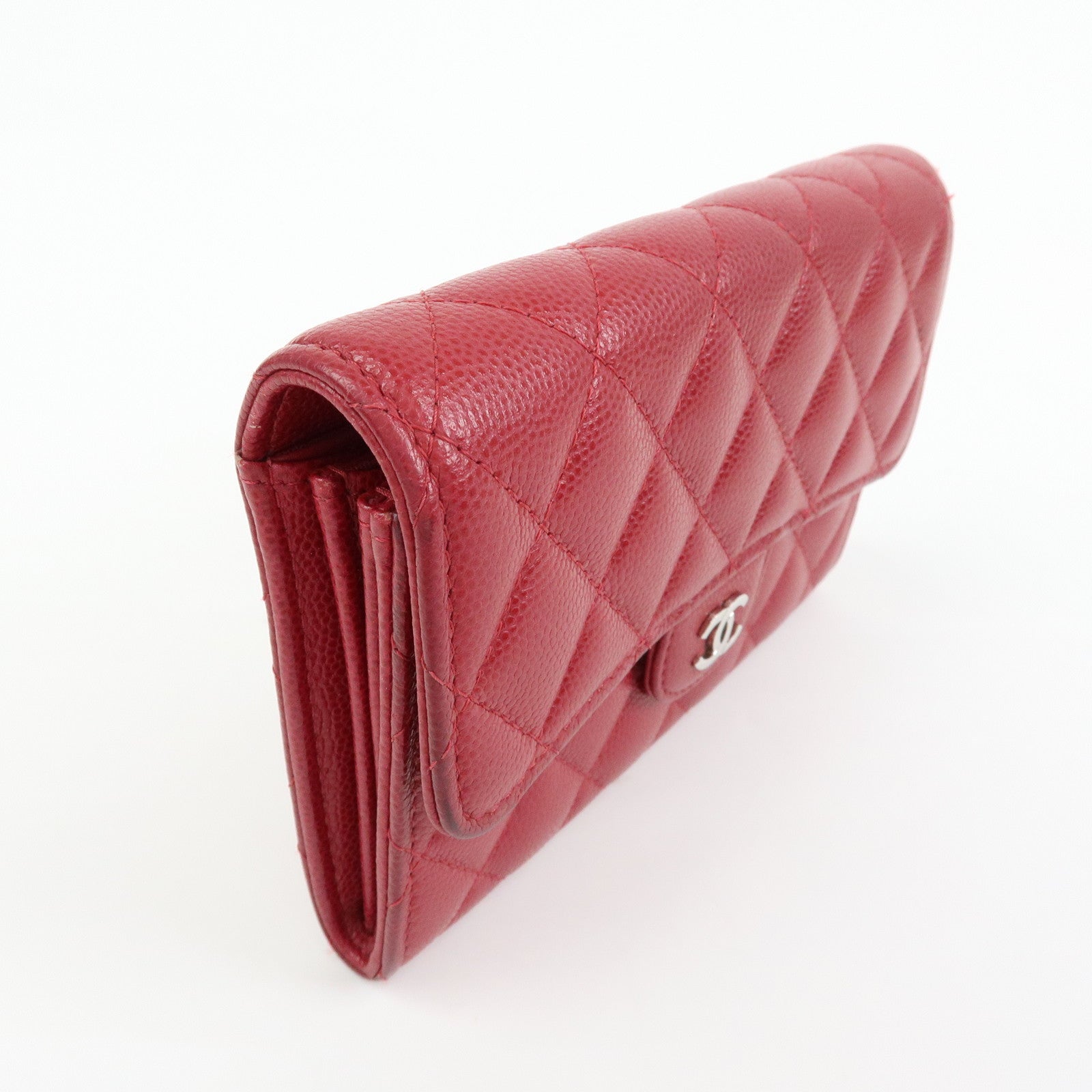 CHANEL COCO Mark Matelasse Caviarskin Flap Long Wallet Red