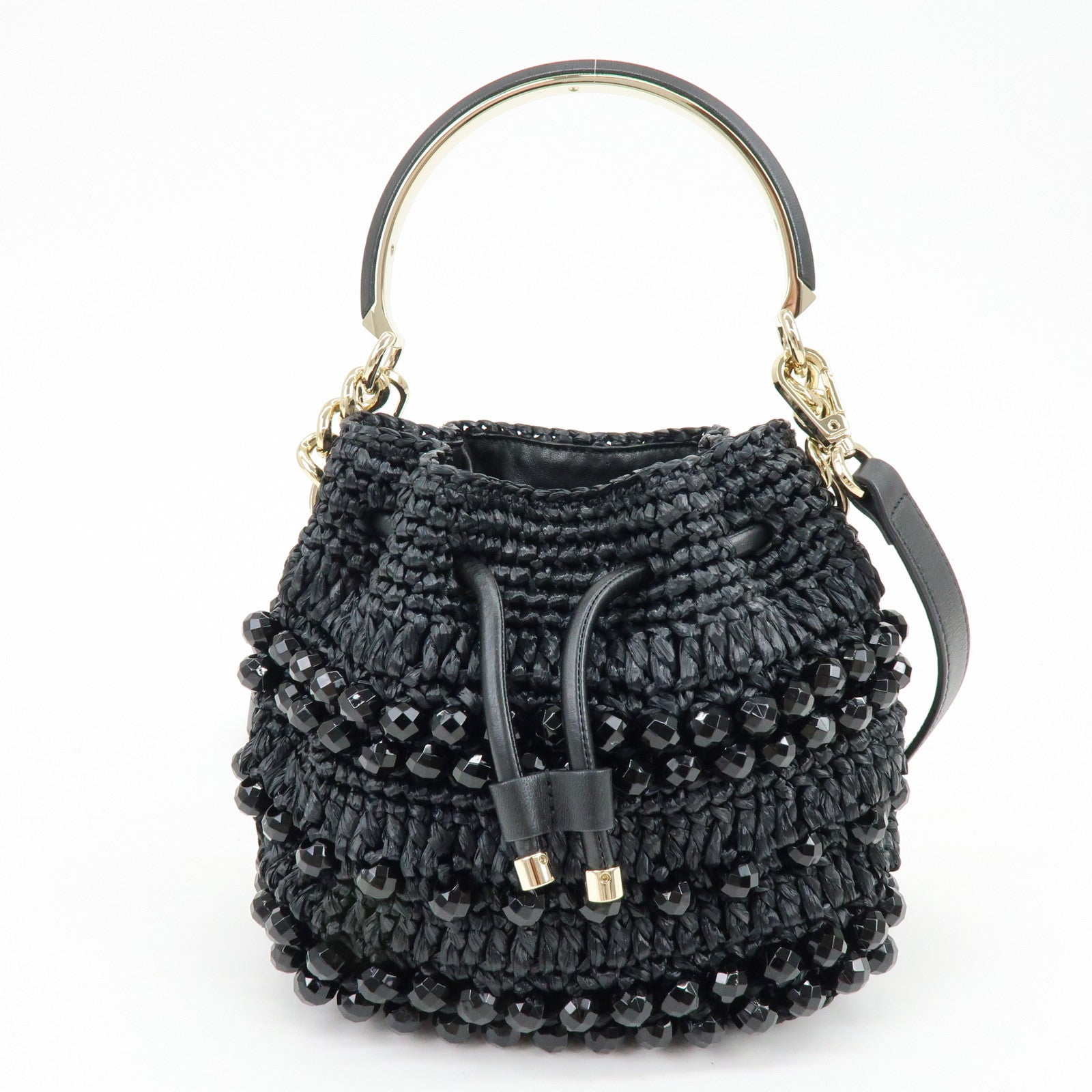 JIMMY CHOO BON BON Raffia Beads Leather 2Way Mini Bag Black