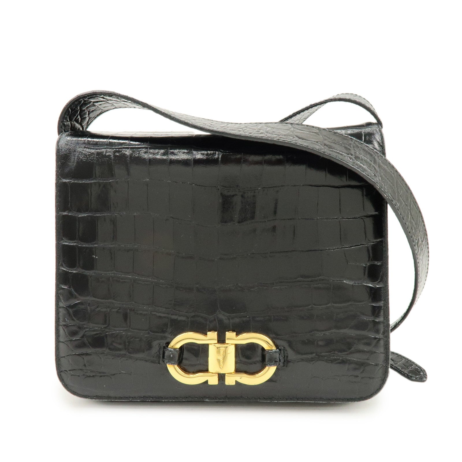 Ferragamo Gancini Embossed Leather Shoulder Bag Crossbody Bag Black