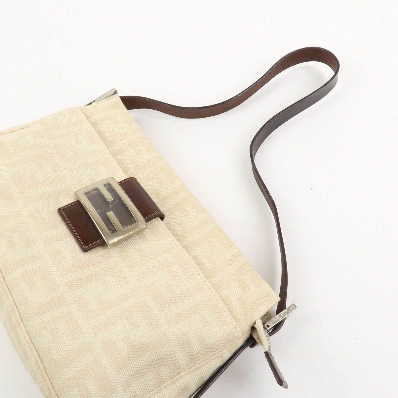 FENDI Zucca Canvas Leather Shoulder Bag Ivory Brown 26566