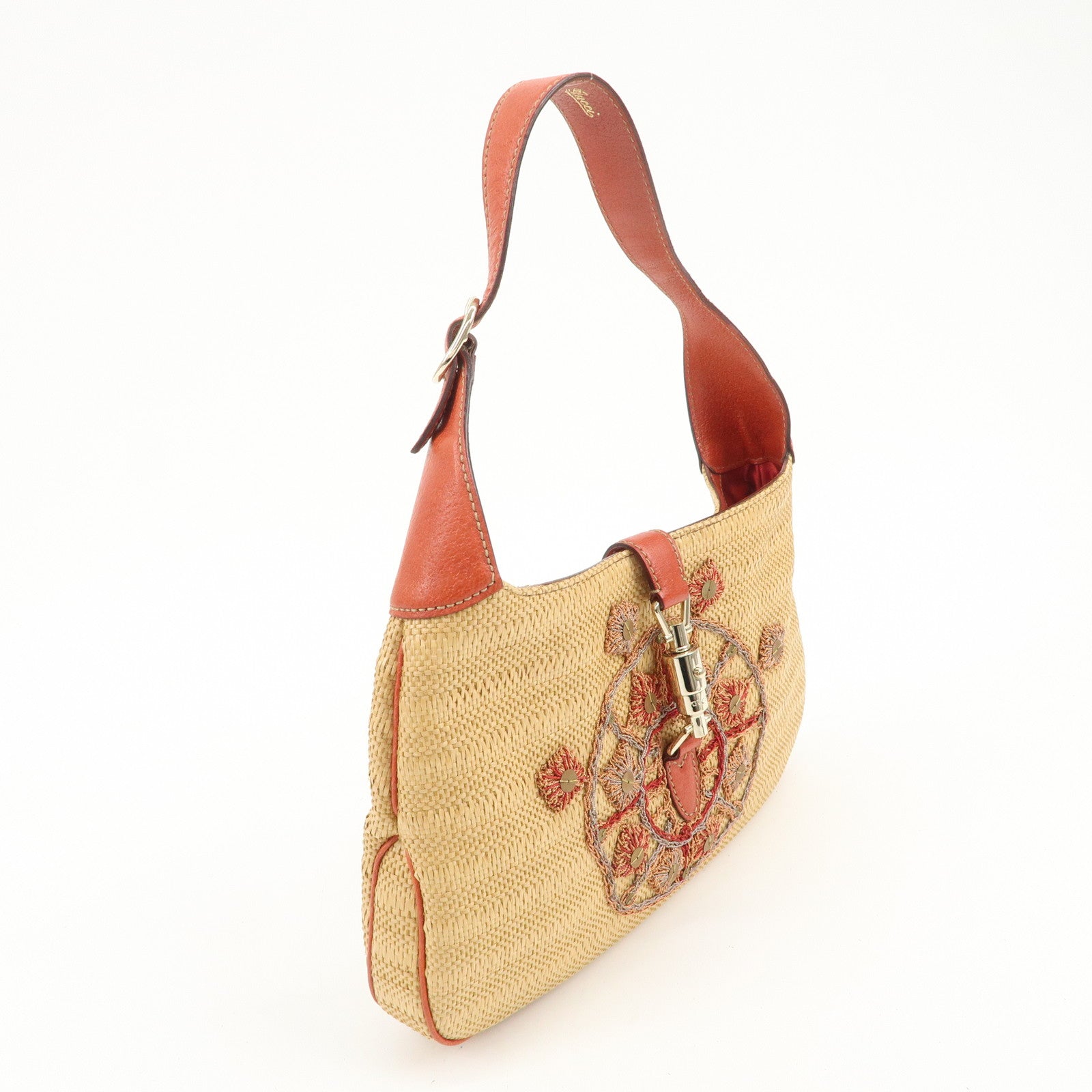 GUCCI New Jackie Raffia Leather Shoulder Bag Natural Orange 140040