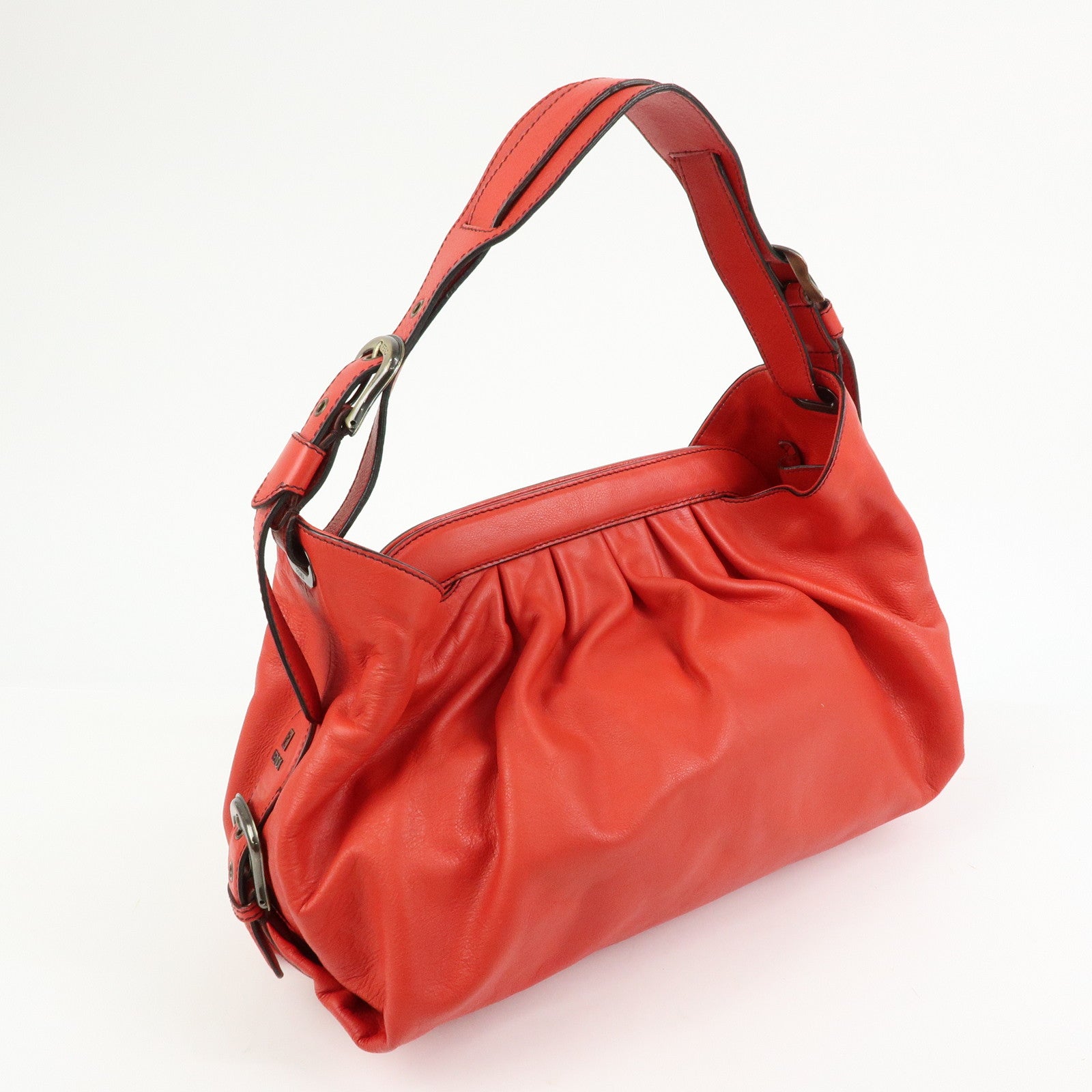 FENDI Logo Leather Shoulder Bag Hand Bag Doctor's Bag Red 8BR579