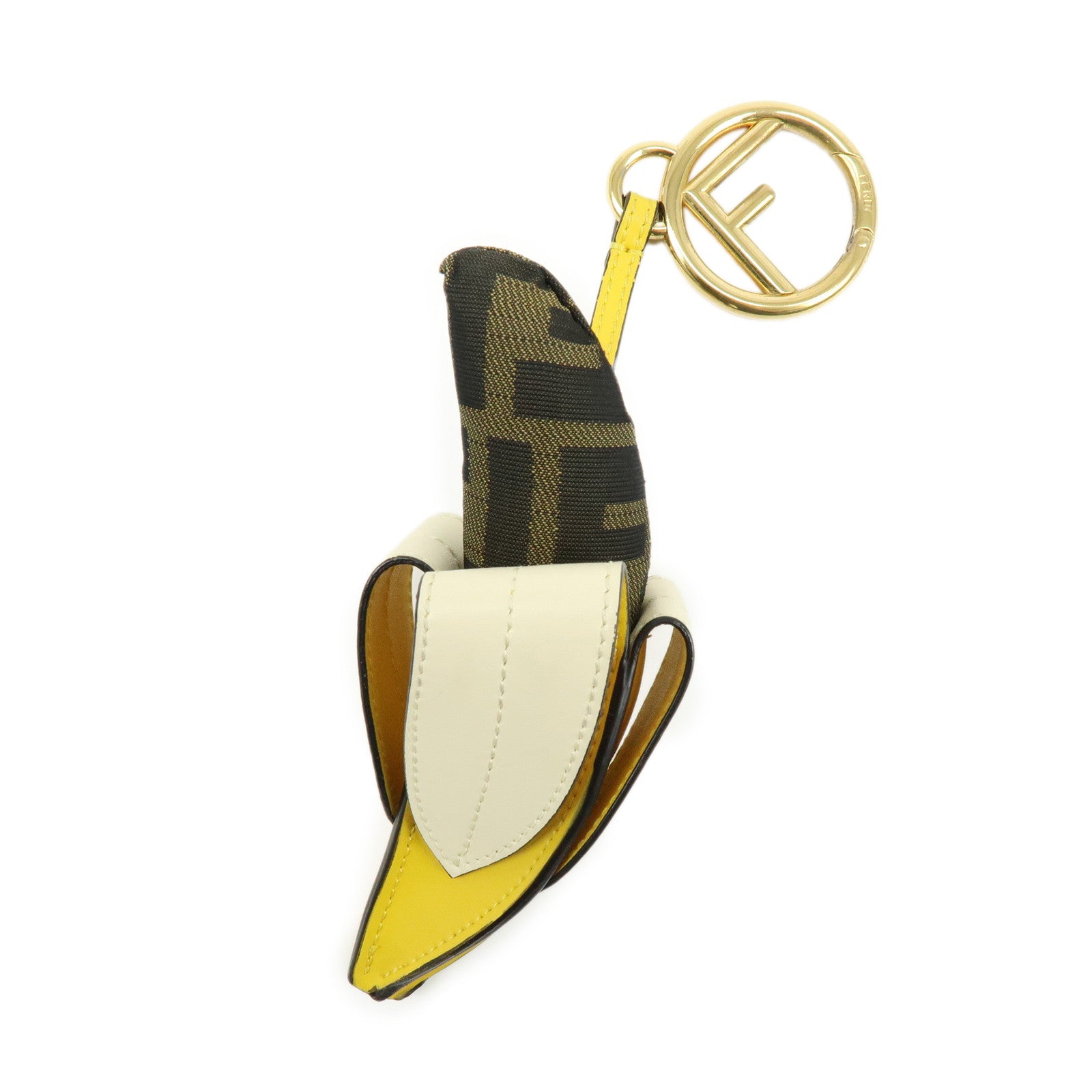 FENDI Zucca Canvas Leather Bag Charm Key Chain Yellow Brown 7AR671