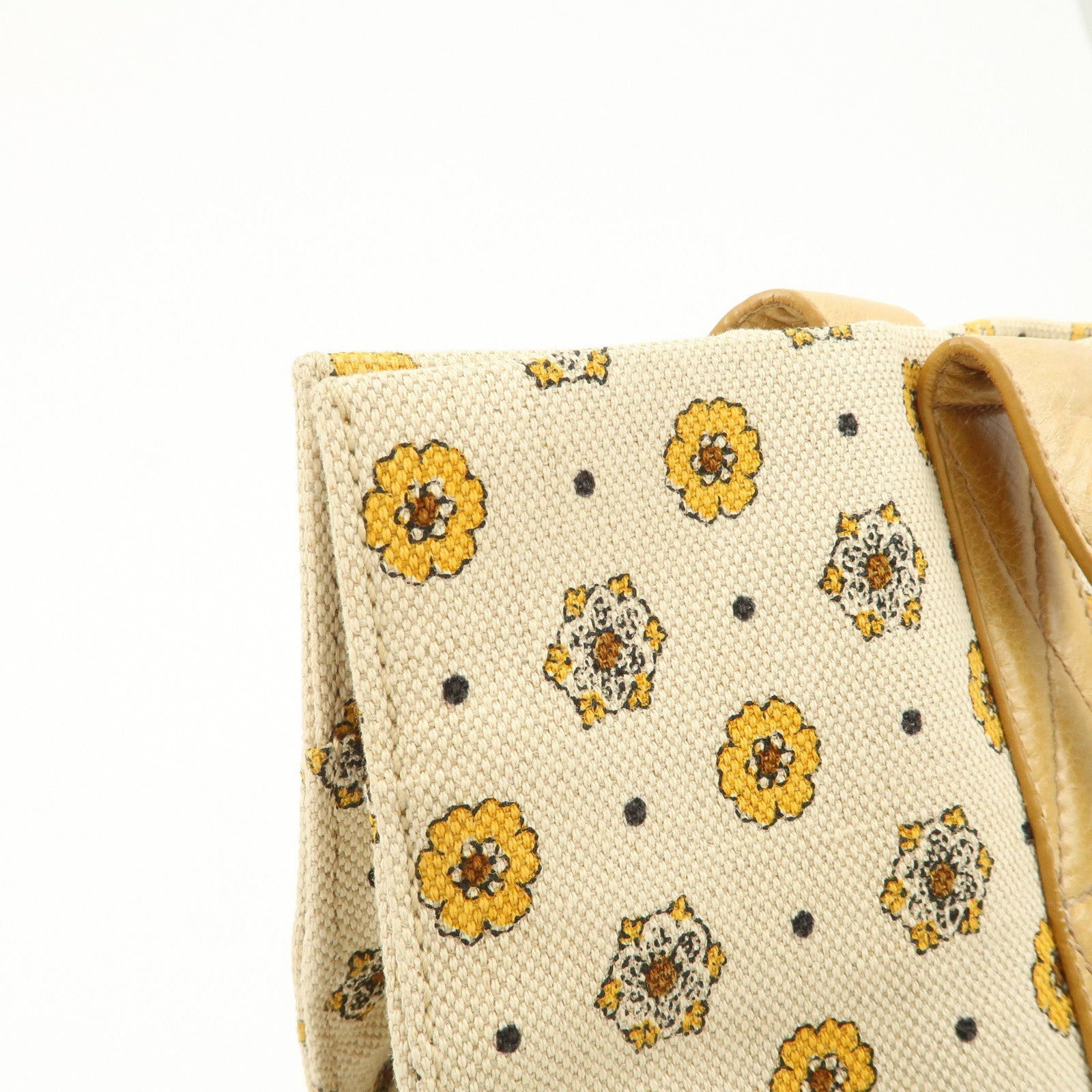 MIU MIU Canvas Leather Tote Bag Hand Bag Flower Motif Beige