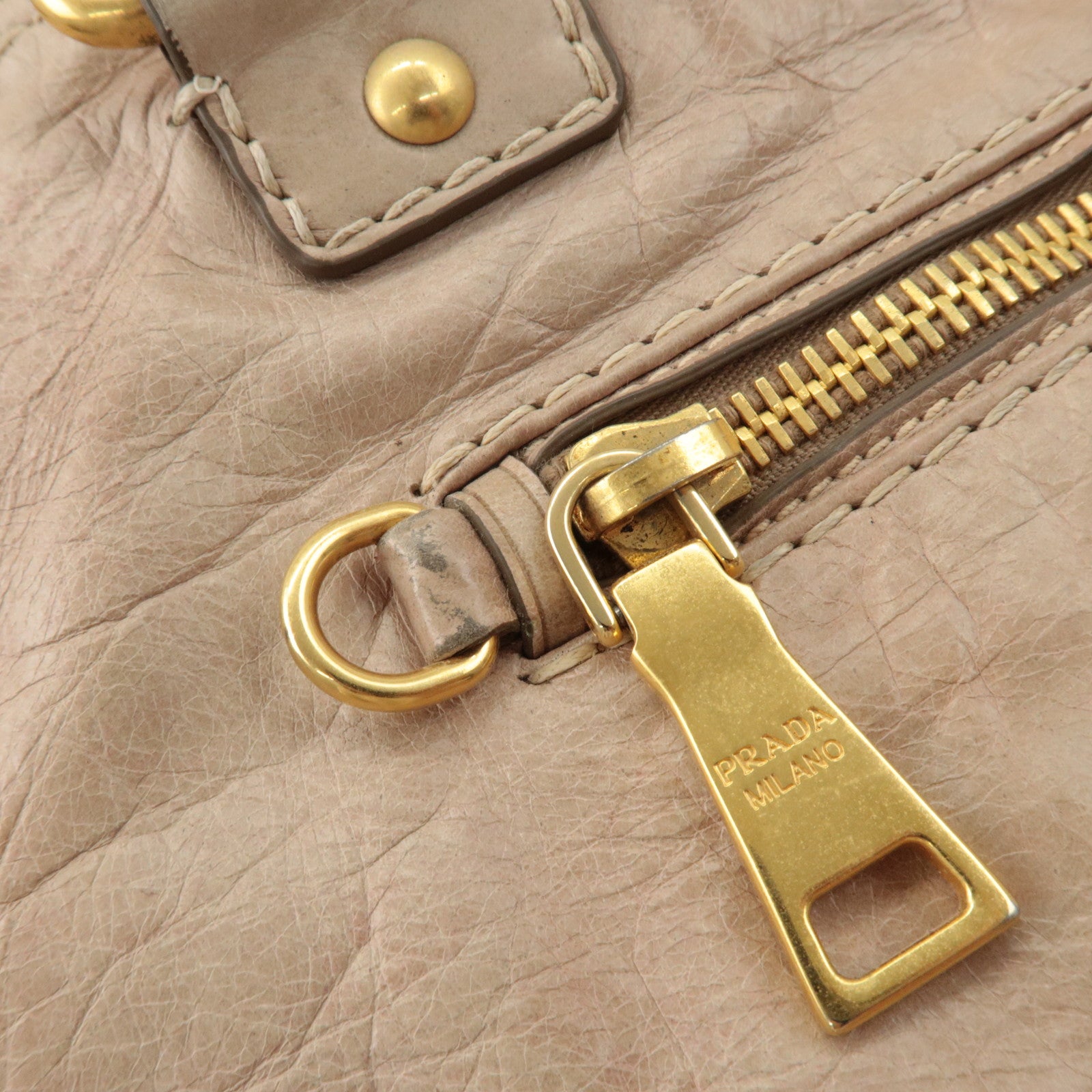 PRADA Triangle Logo Leather 2Way Bag Tote Bag Shoulder Bag Beige Used