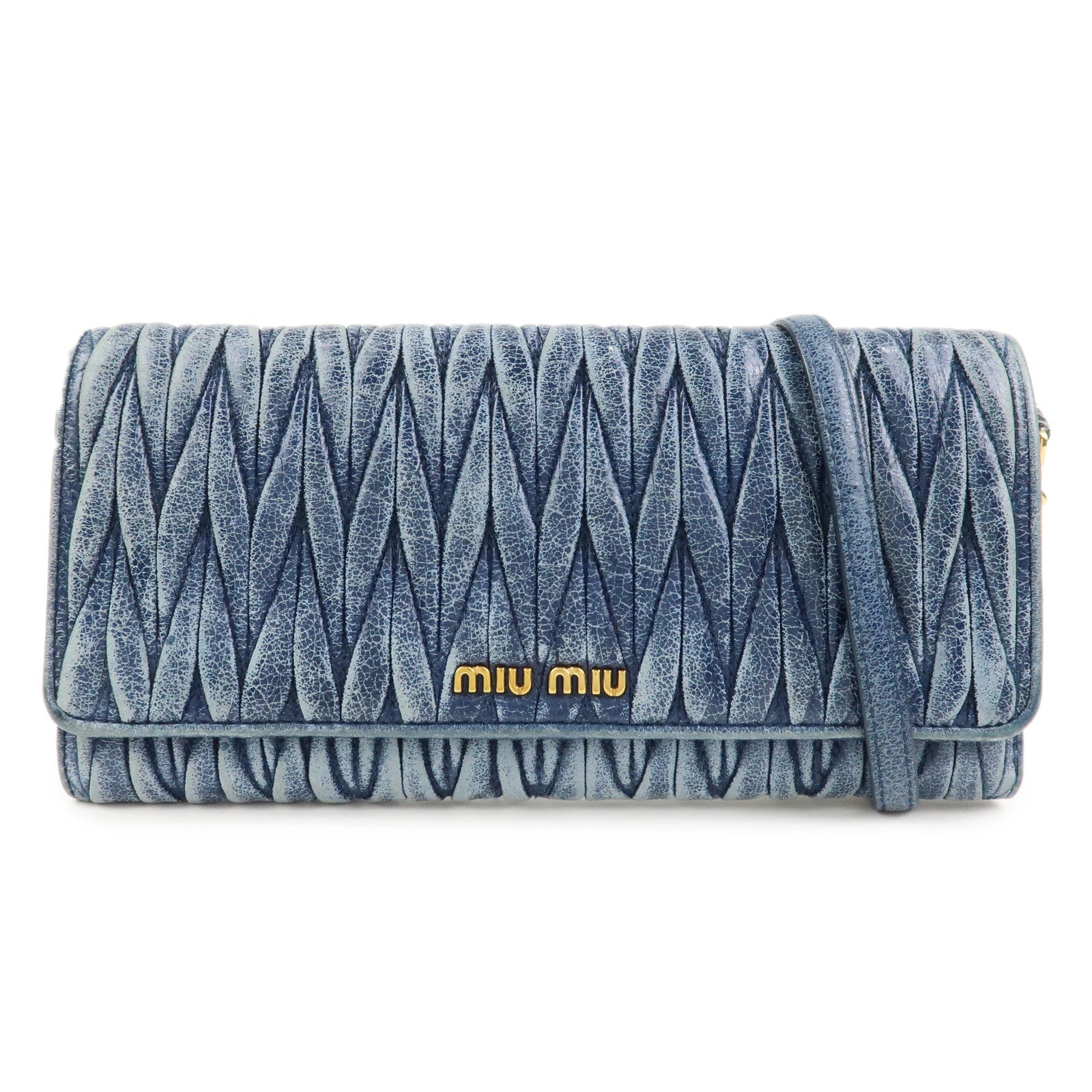 MIU MIU Matelasse Logo Leather Chain Shoulder Wallet Blue 5M1290