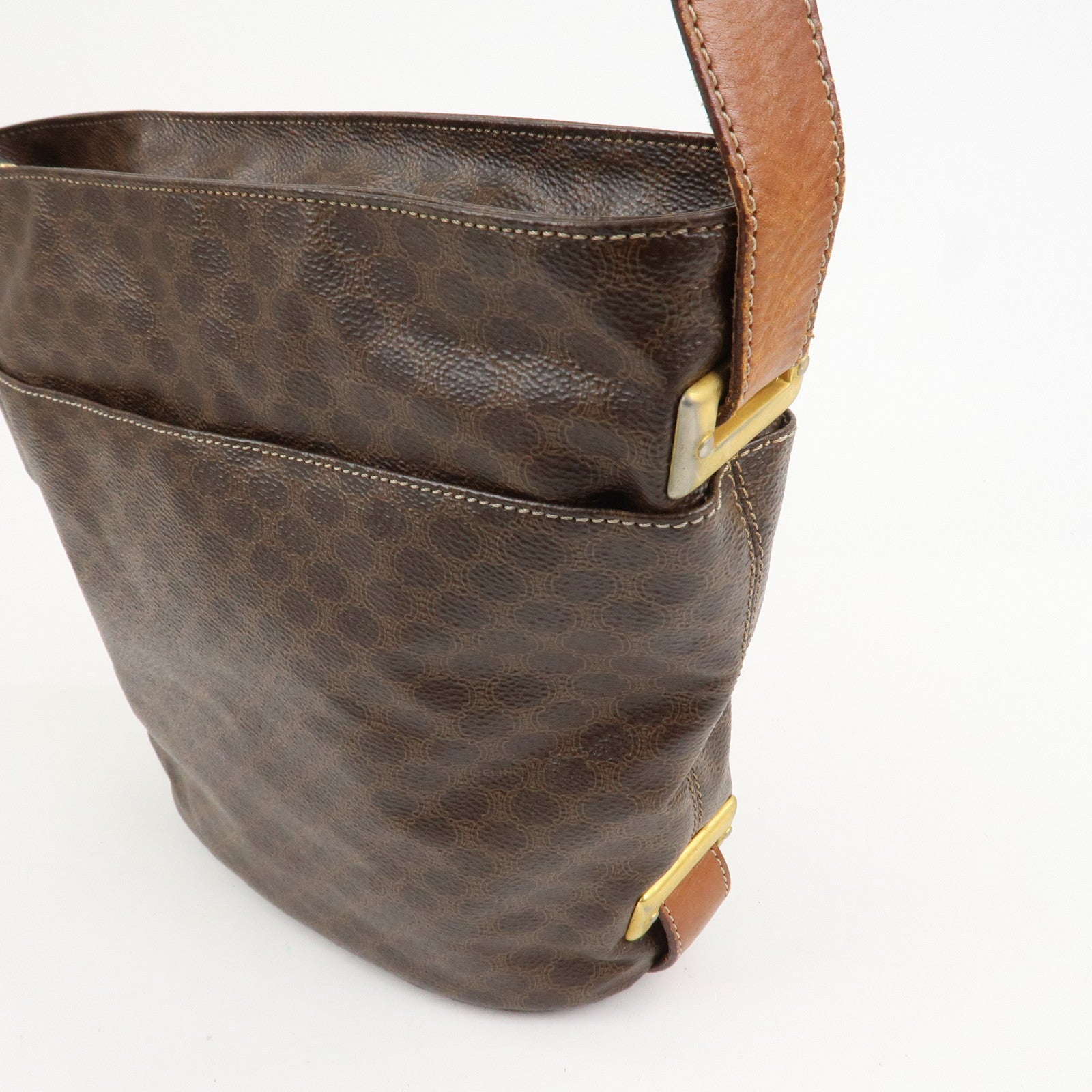 CELINE Macadam PVC Canvas Leather Shoulder Bag Brown Gold Hardware