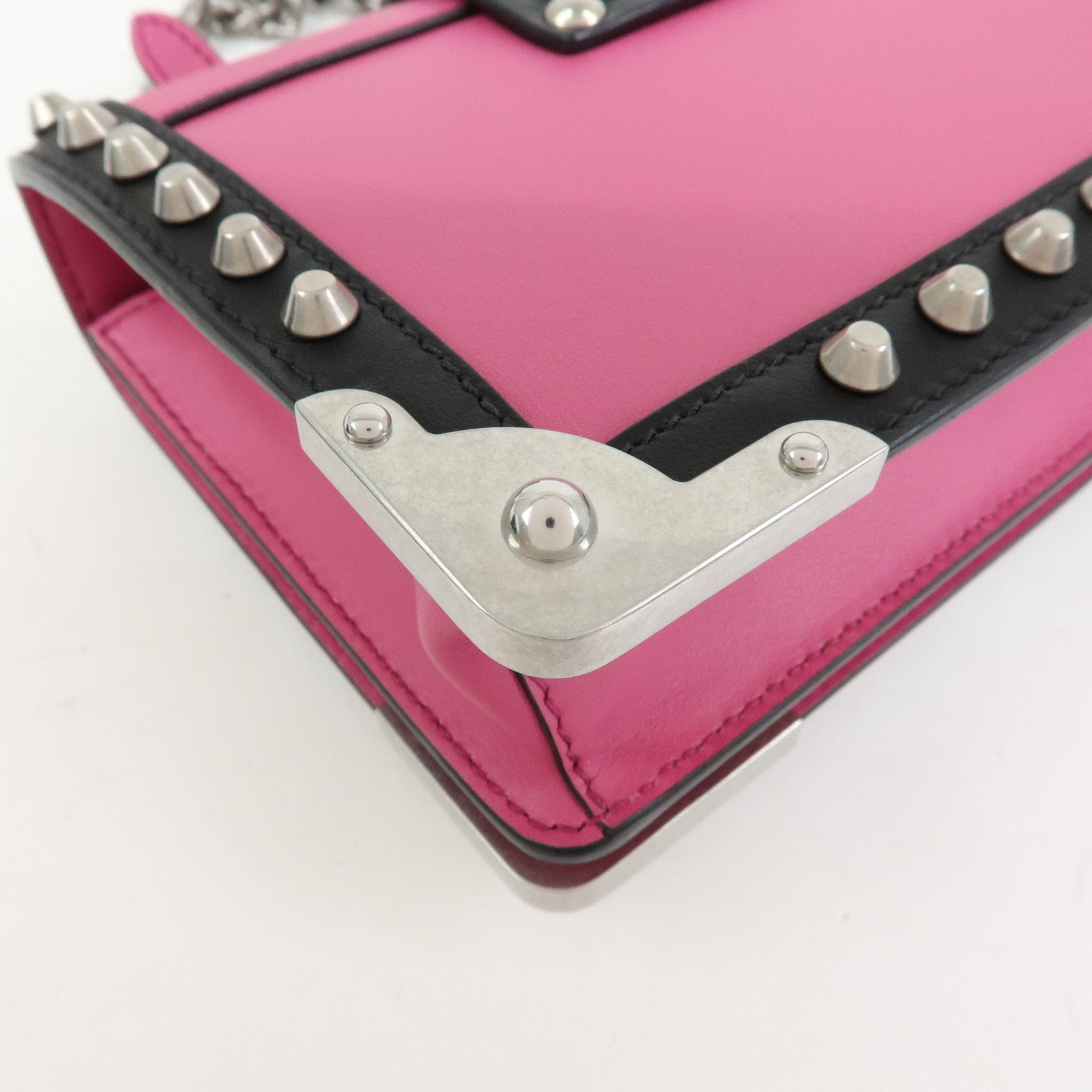 PRADA Cahier Calf Leather Studs Shoulder Bag Pink Black 1BH018