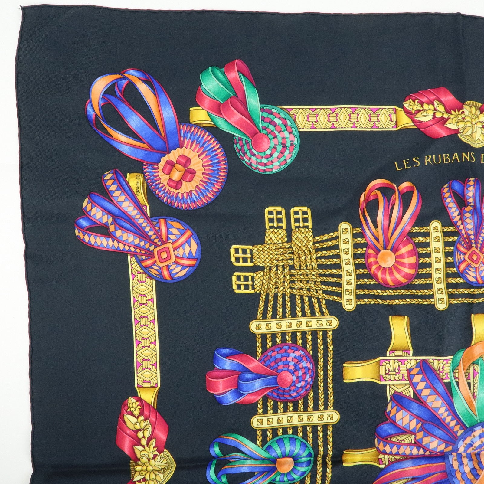 HERMES Carre 90 Silk 100% LES RUBANS DU CHEVAL Scarf Black Yellow
