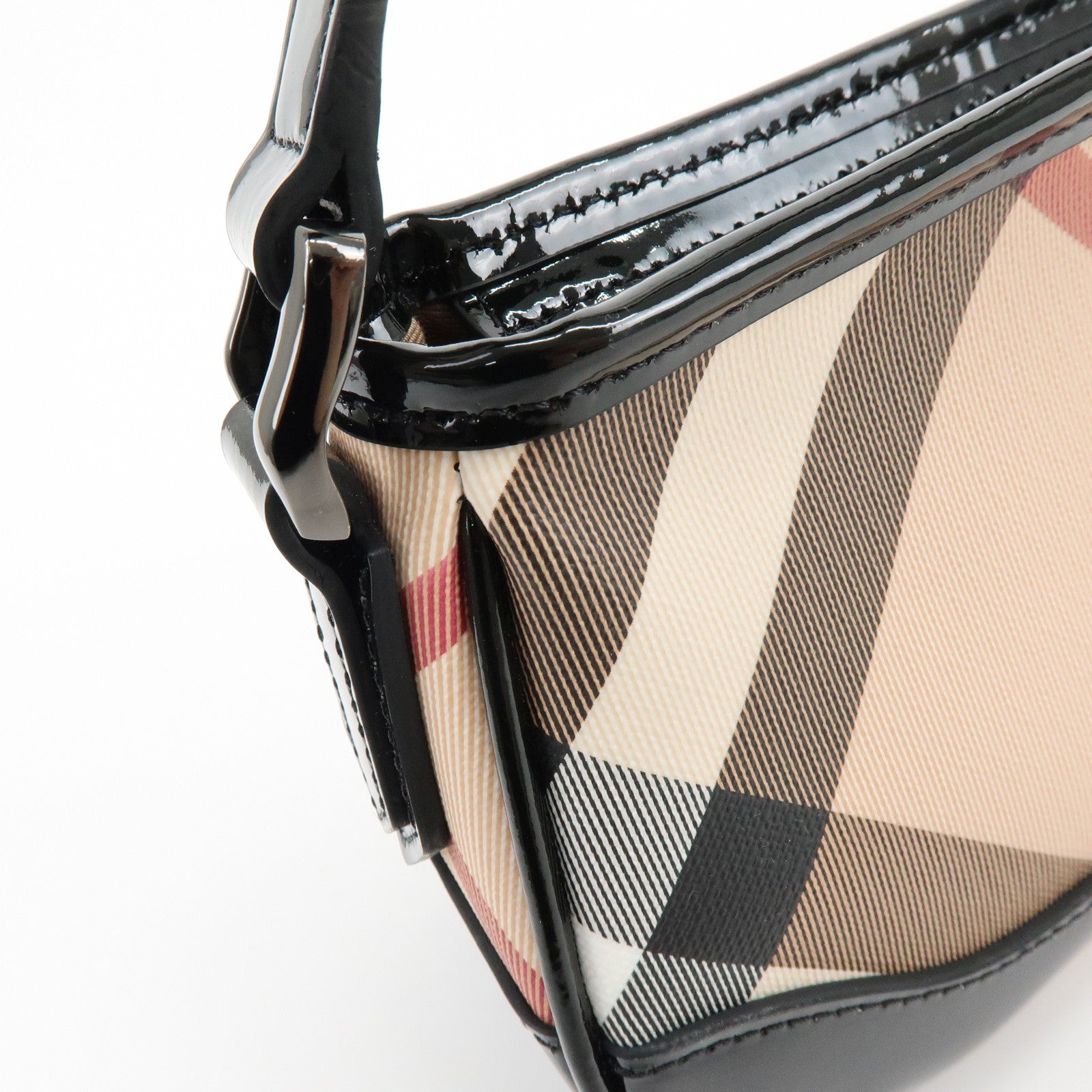 BURBERRY Nova Plaid PVC Patent Leather Hand Bag Beige Black