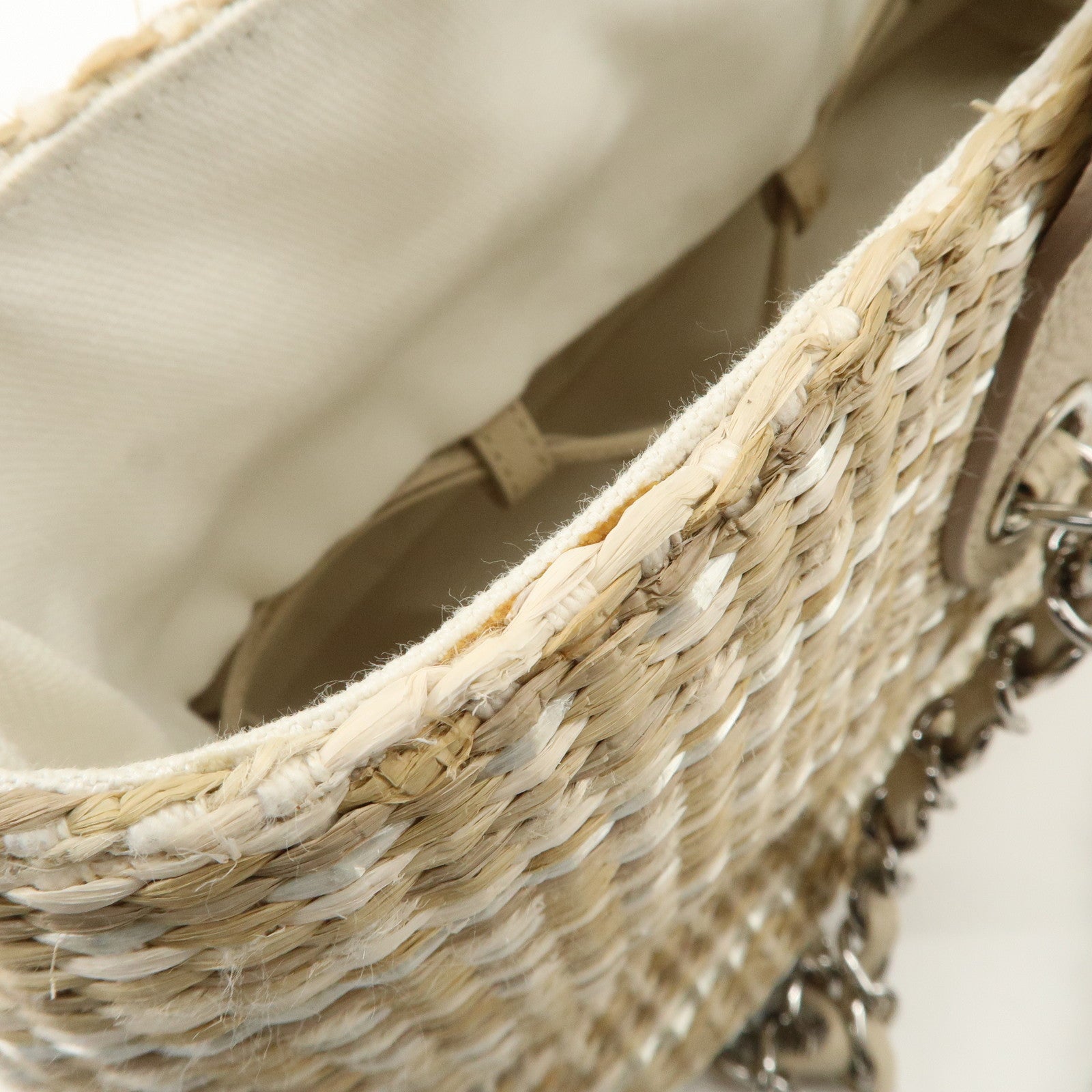 CHANEL Lether Raffia 2Way Bag Shoulder Bag Hand Bag Beige