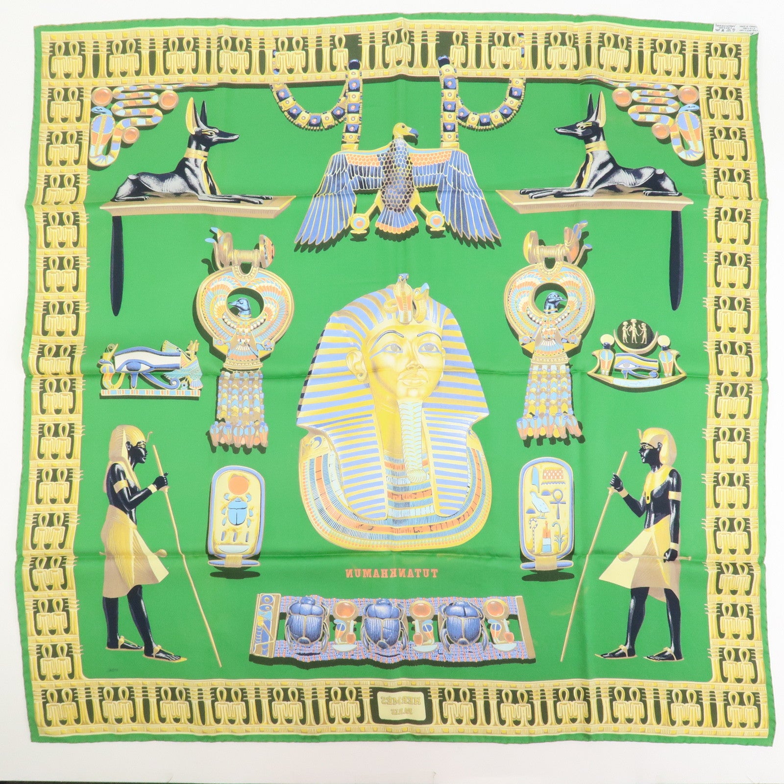 HERMES Carre 90 Silk 100% Scarf TUTANKHAMUN Green Gold