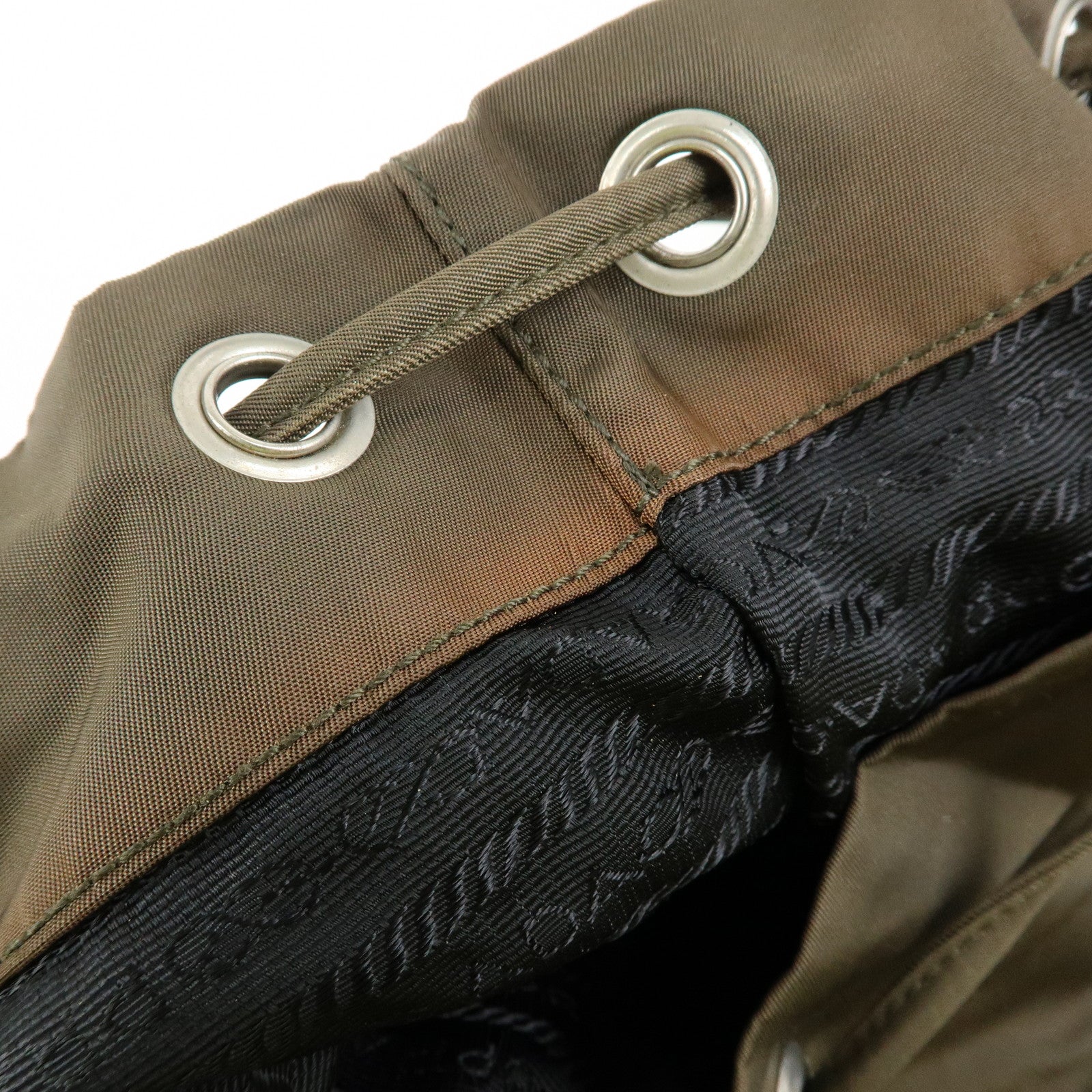 PRADA Triangle Logo Nylon Leather Backpack Rucksack Khaki B6677