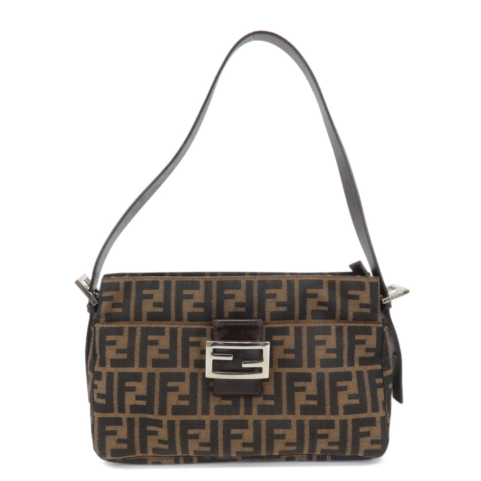 FENDI Zucca Canvas Leather Semi Shoulder Bag Black Brown 26566