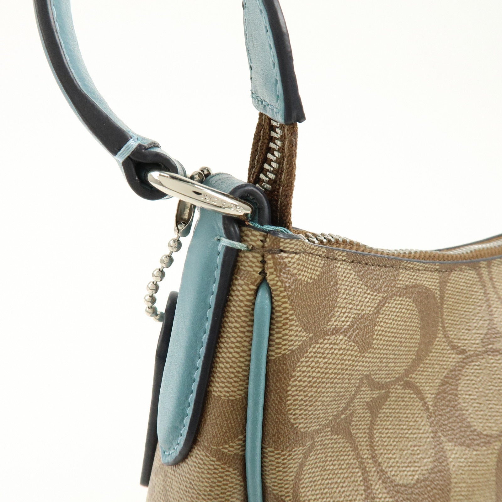 COACH Signature PVC Coated Canvas Leather Shoulder Bag Beige Blue