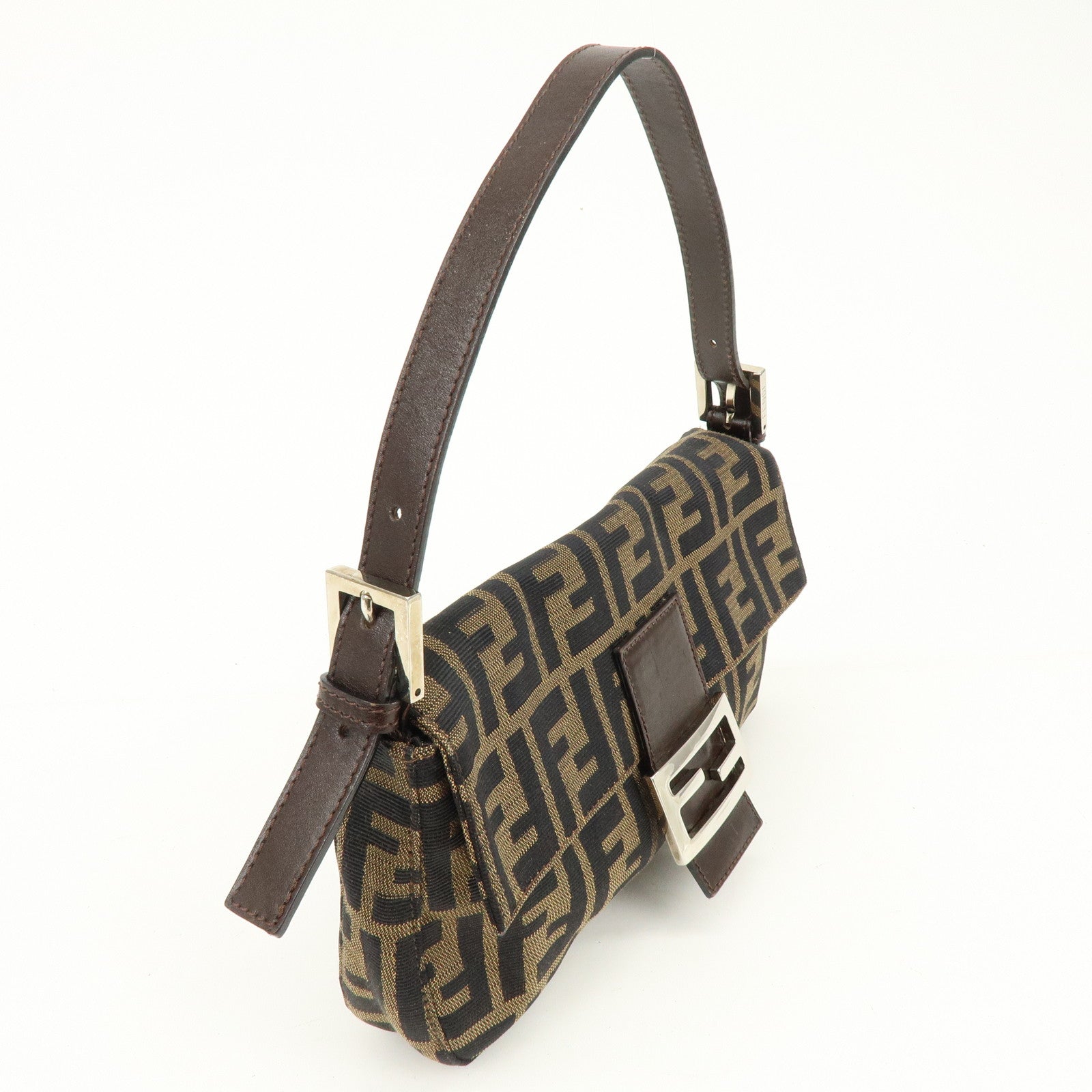 FENDI Mamma Baguette Zucca Canvas Leather Shoulder Bag Brown 8BR000