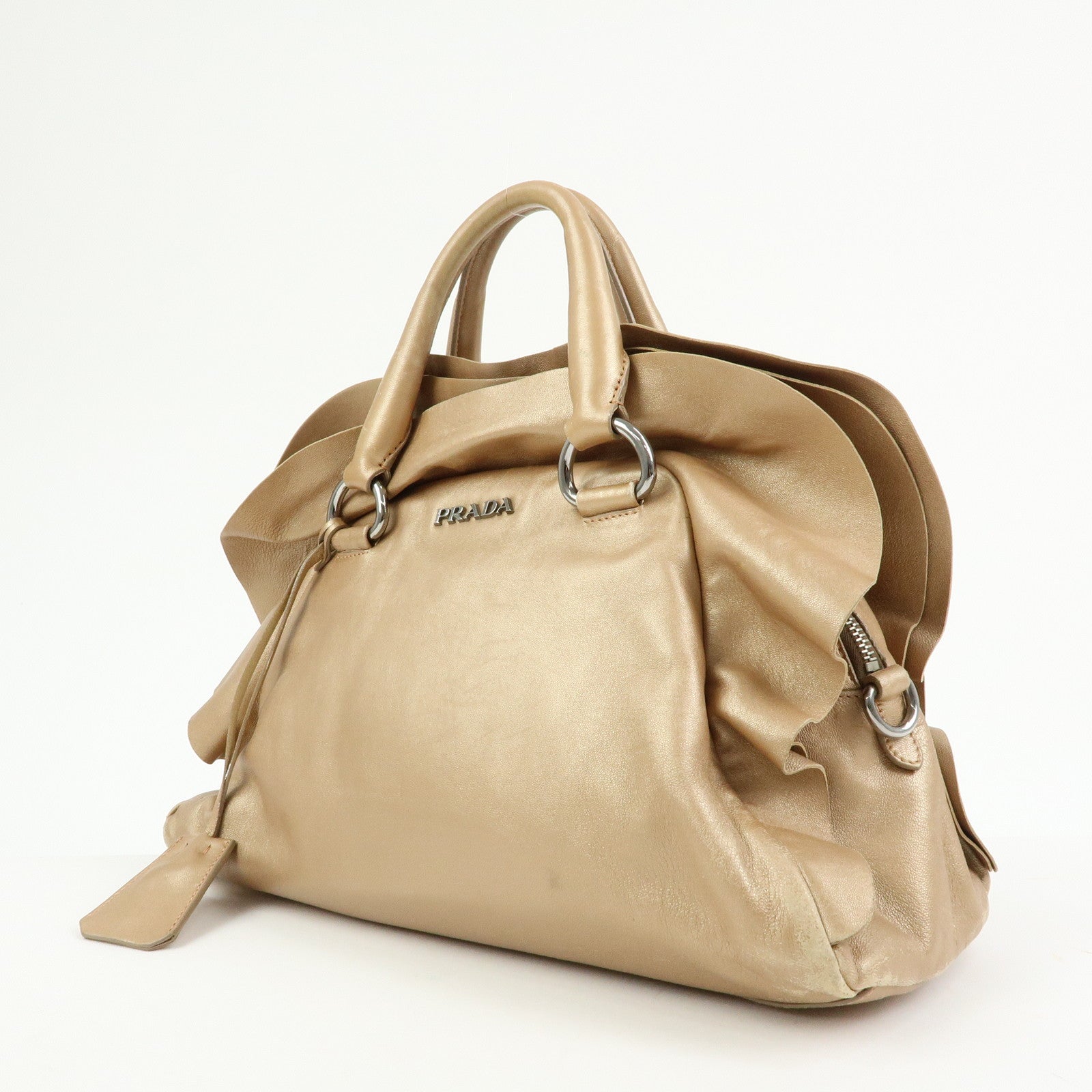 PRADA Frilled Leather Tote Bag Hand Bag Champagne Gold