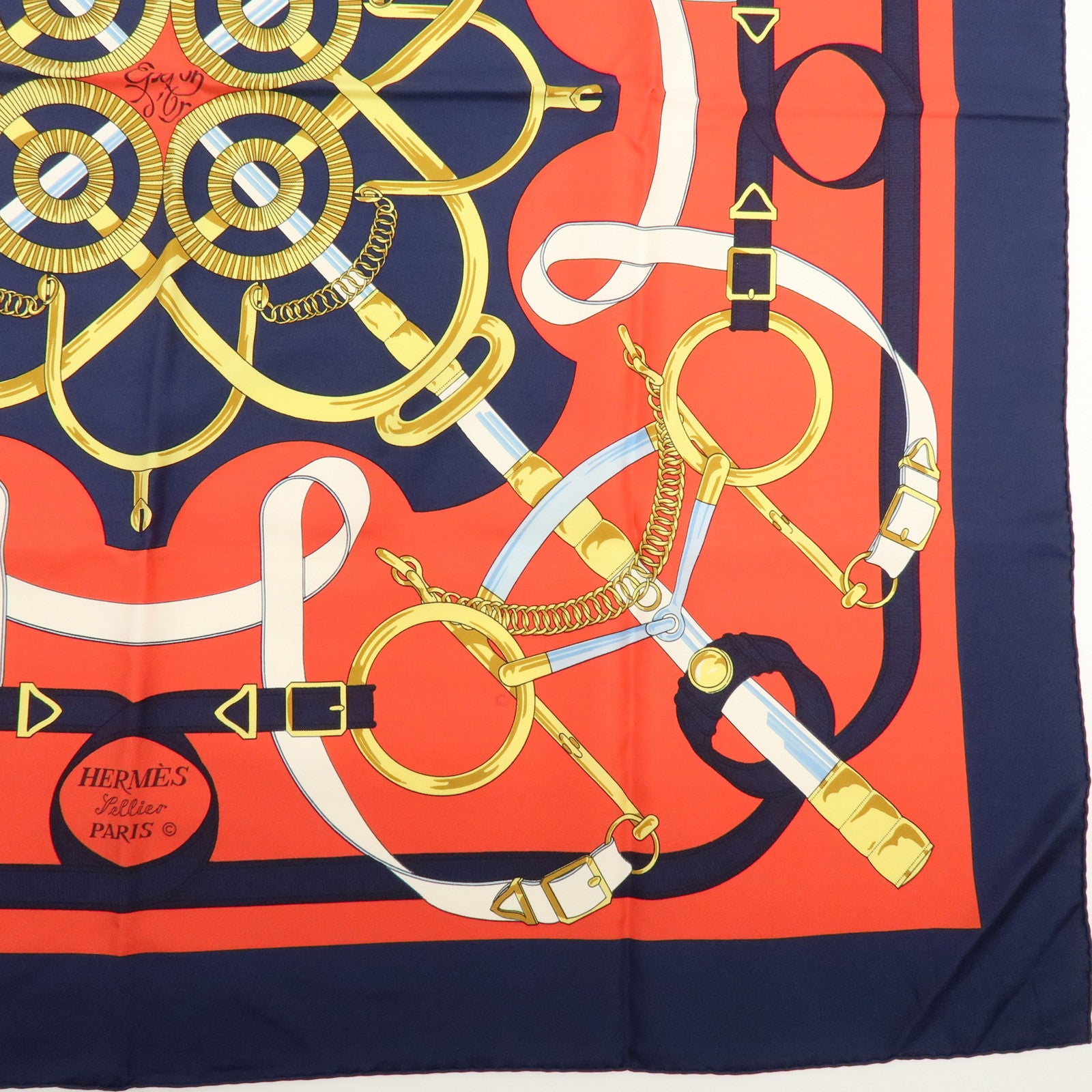 HERMES Carre 90 Silk 100% Eperon d'or Scarf Navy Red