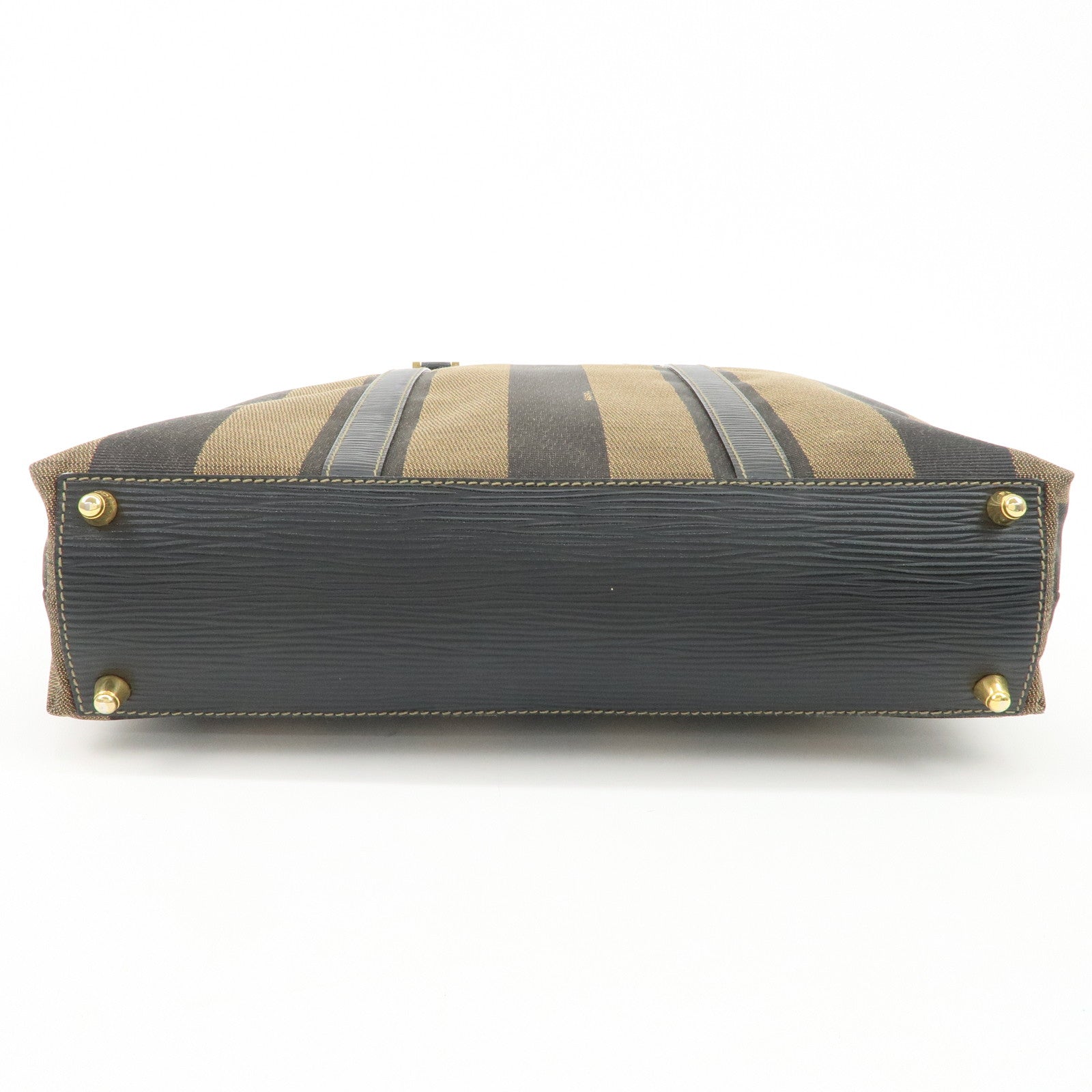 FENDI Pequin Canvas Leather Hand Bag Tote Bag Black Brown