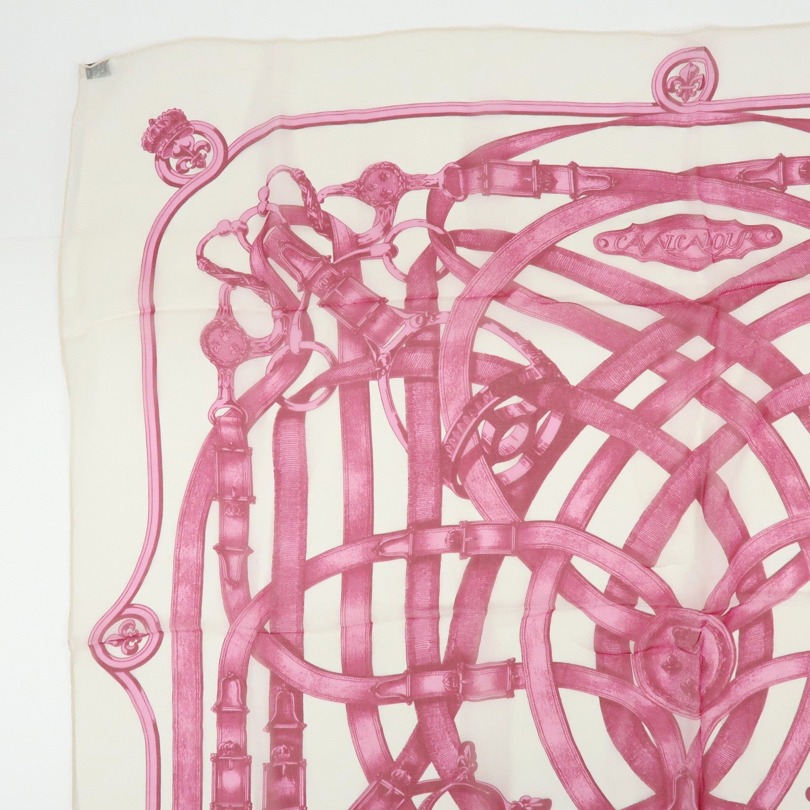 HERMES Carre 90 Silk 100% Scarf CAVALCADOUR Chain Belt Pink Ivory