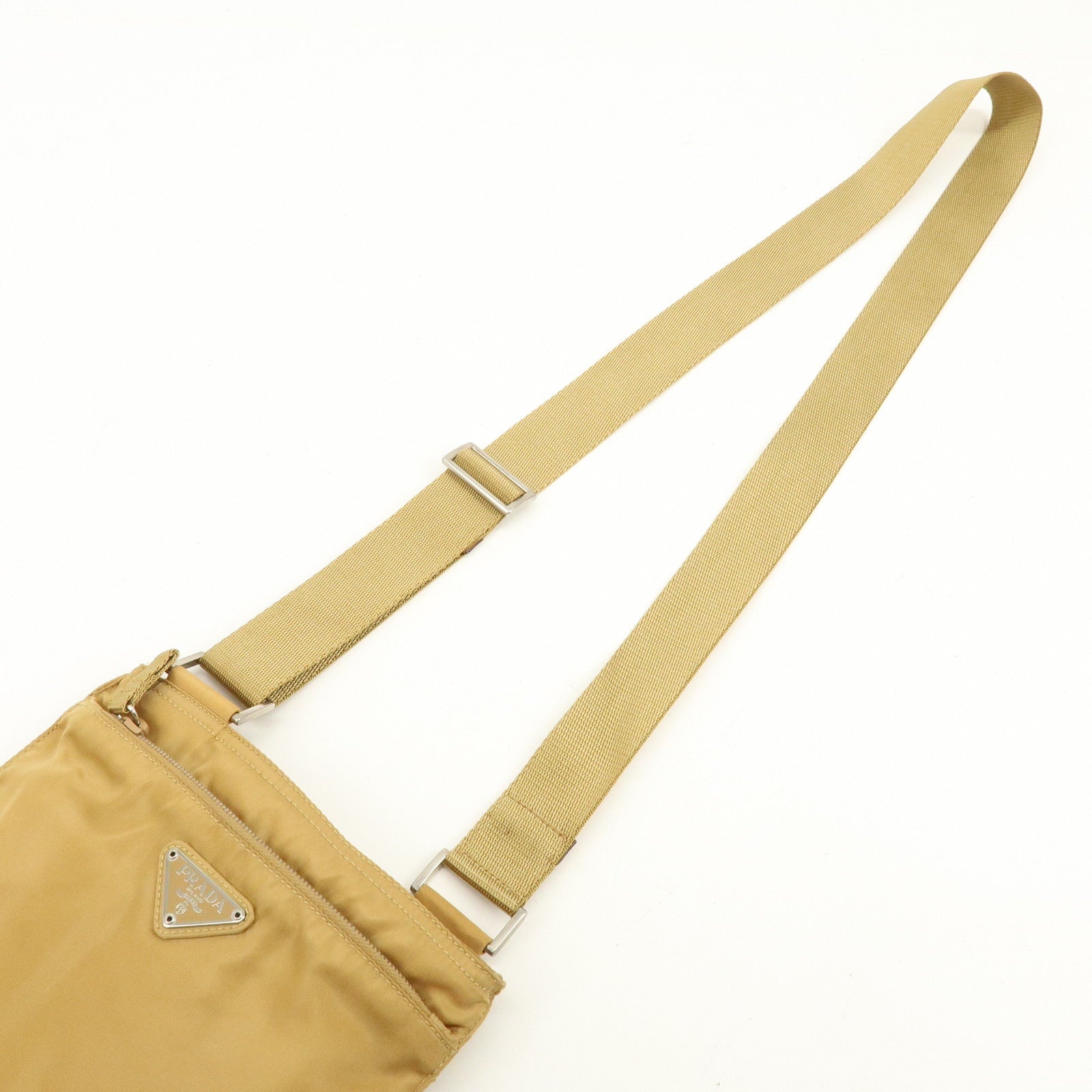 PRADA Triangle Logo Nylon Leather Shoulder Bag Beige B7372