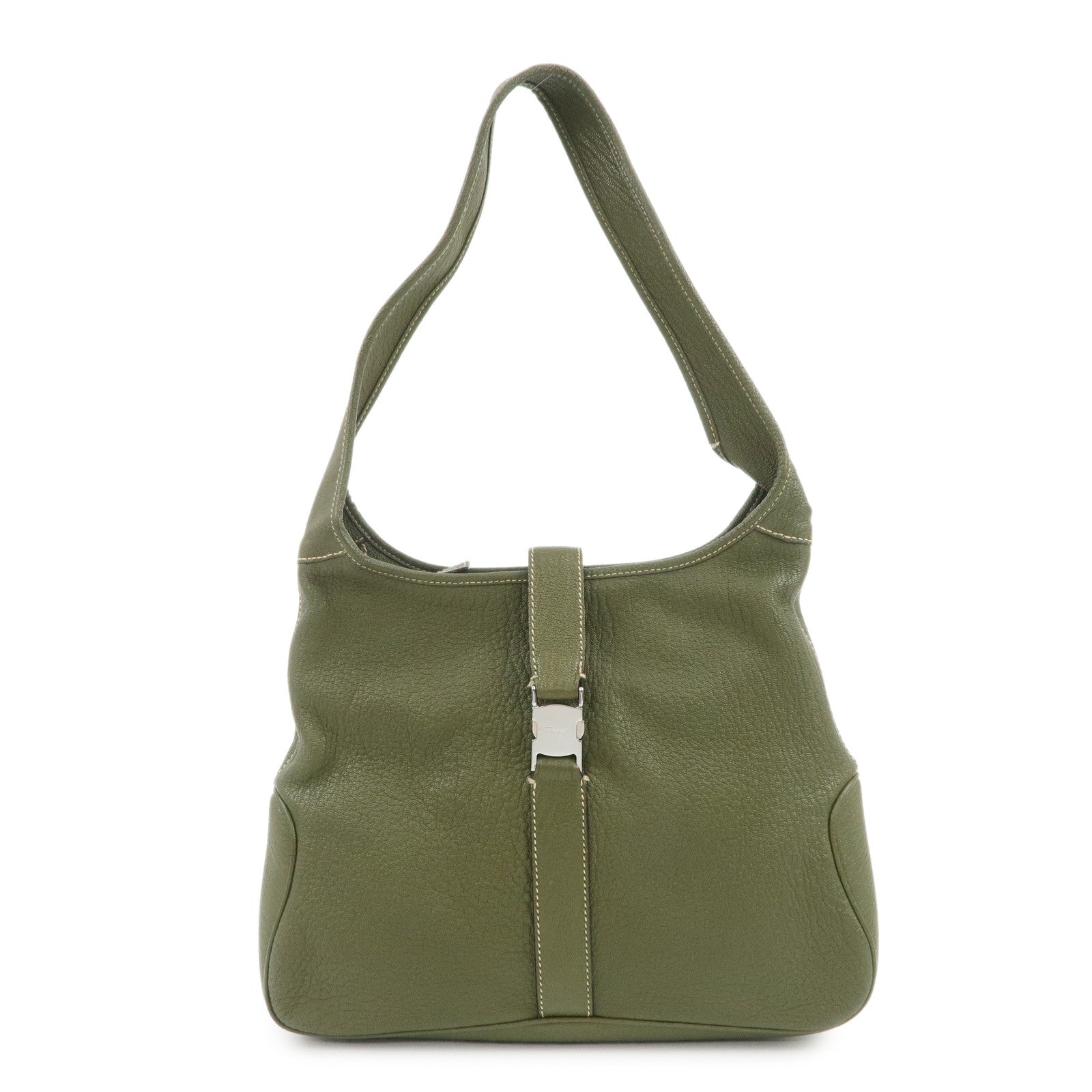 Ferragamo Logo Leather Shoulder Bag Hand Bag Khaki