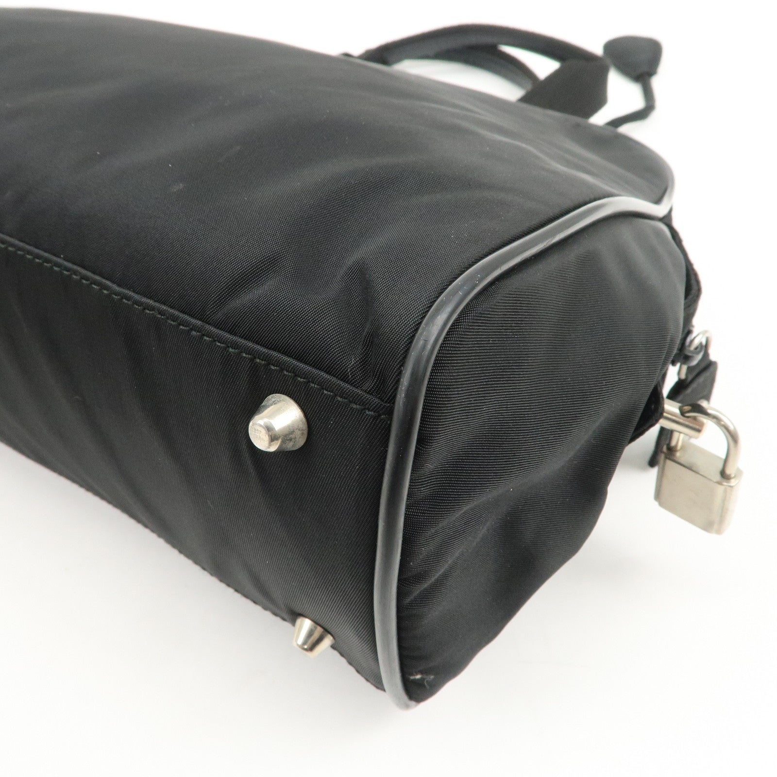 PRADA Triangle Logo Nylon Leather Hand Bag Boston Bag Black