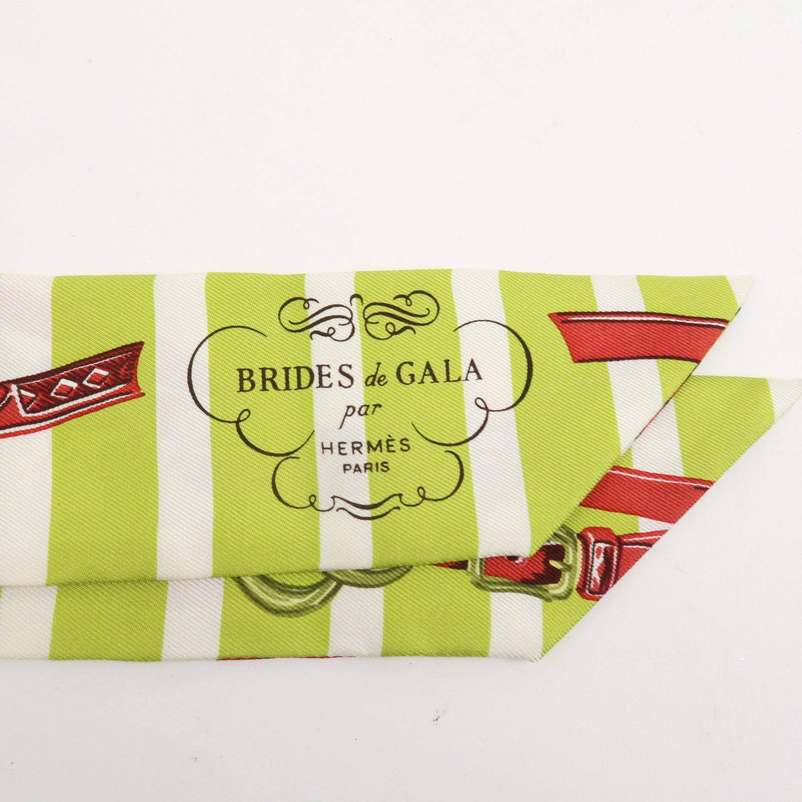 HERMES Twilly Silk 100% Scarf BRIDES de GALA Light Green Red