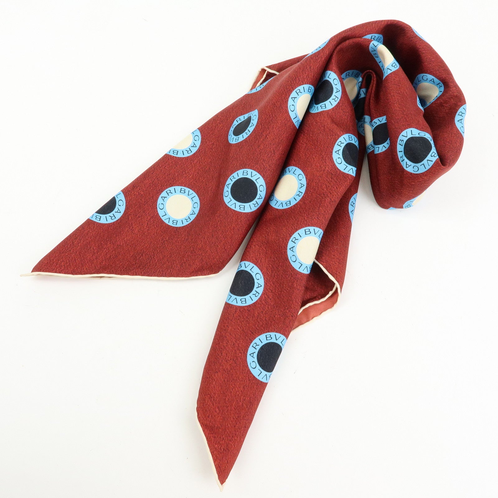 BVLGARI Logo Silk 100% Scarf Wine Red Light Blue Black