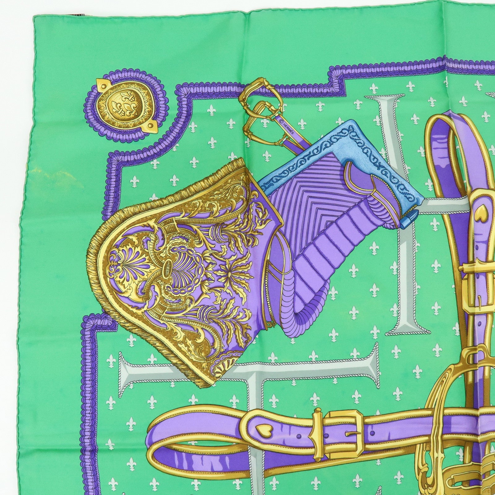HERMES Carre 90 Set of 2 Silk 100% Scarf Navy Ivory Green Purple