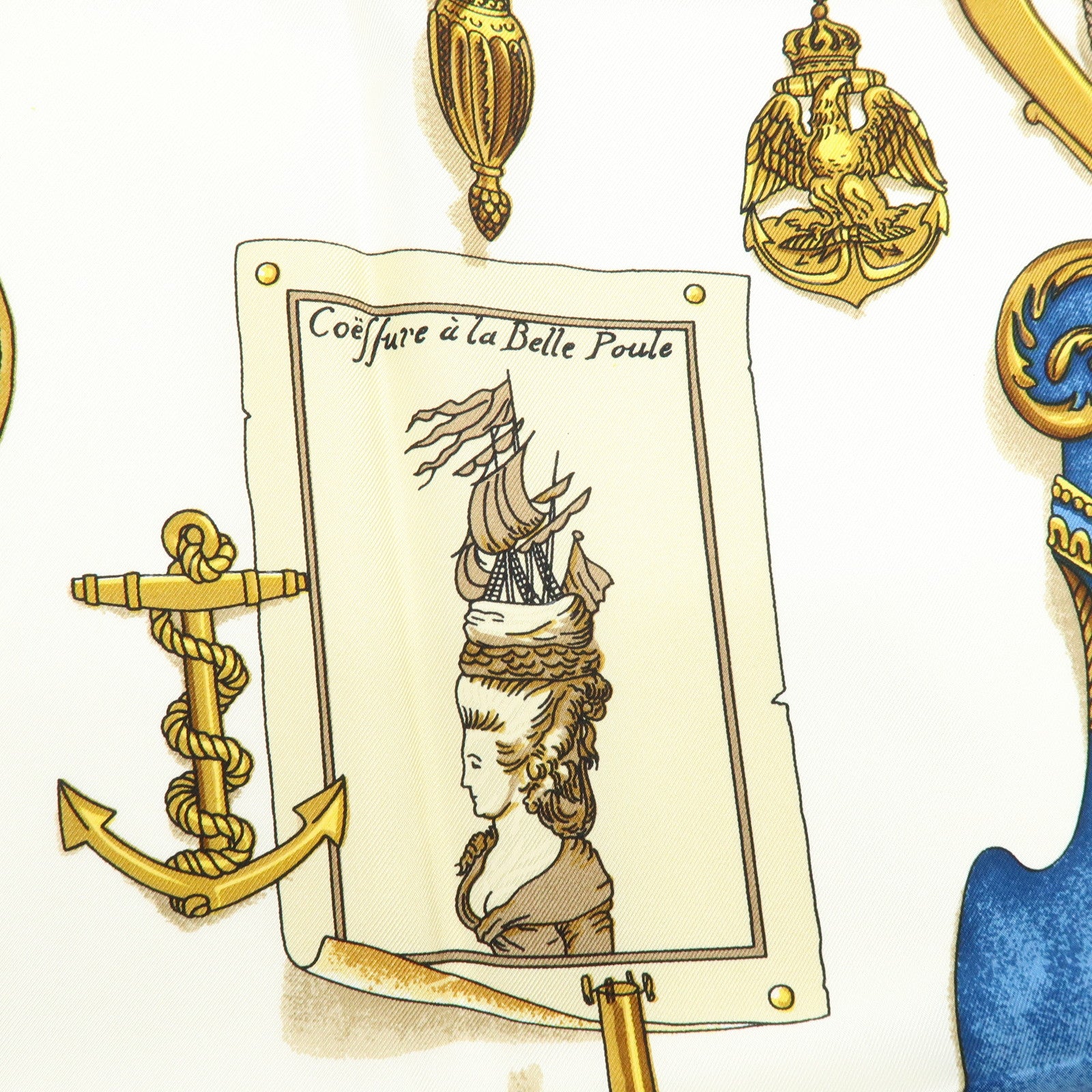 HERMES Carre 90 Silk 100% Scarf MUSEE Navy Ivory