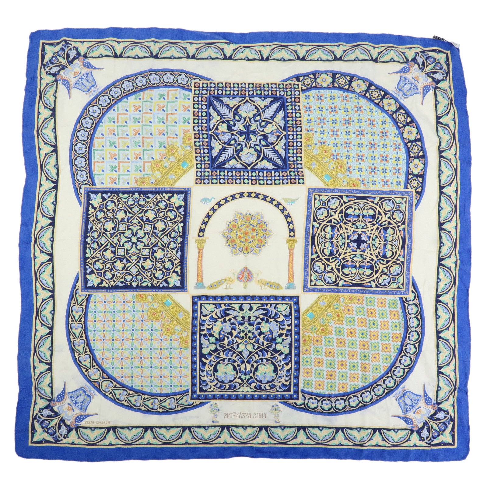 HERMES Carre 90 Silk 100% CIELS BYZANTINS Scarf Blue Gold