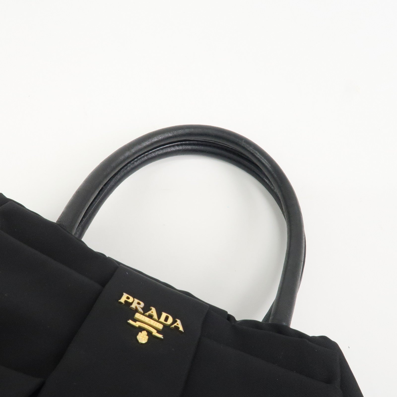 PRADA Nylon Leather Ribbon Hand Bag Tote Bag Black BN1601
