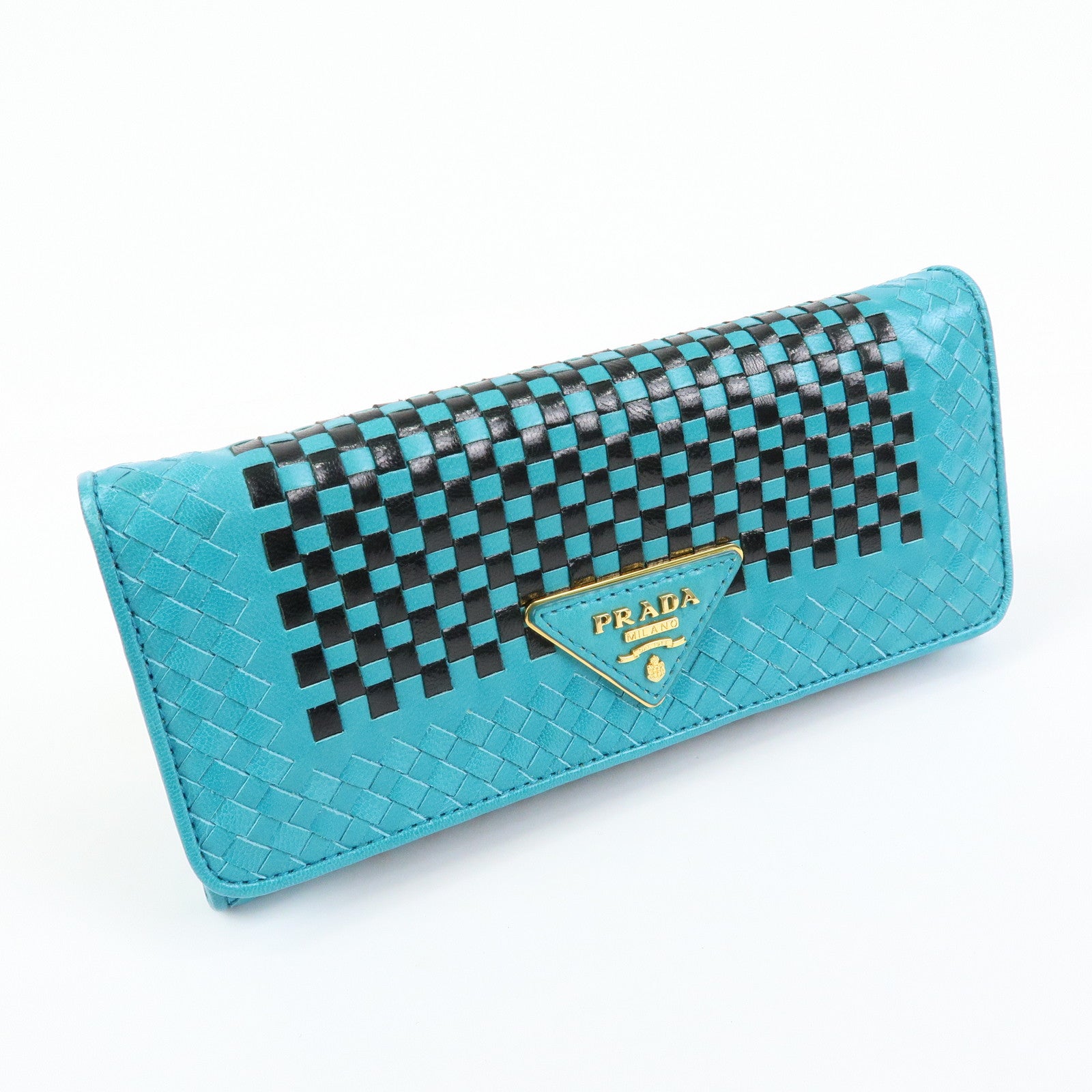 PRADA Triangle Logo Leather Long Wallet Blue Black