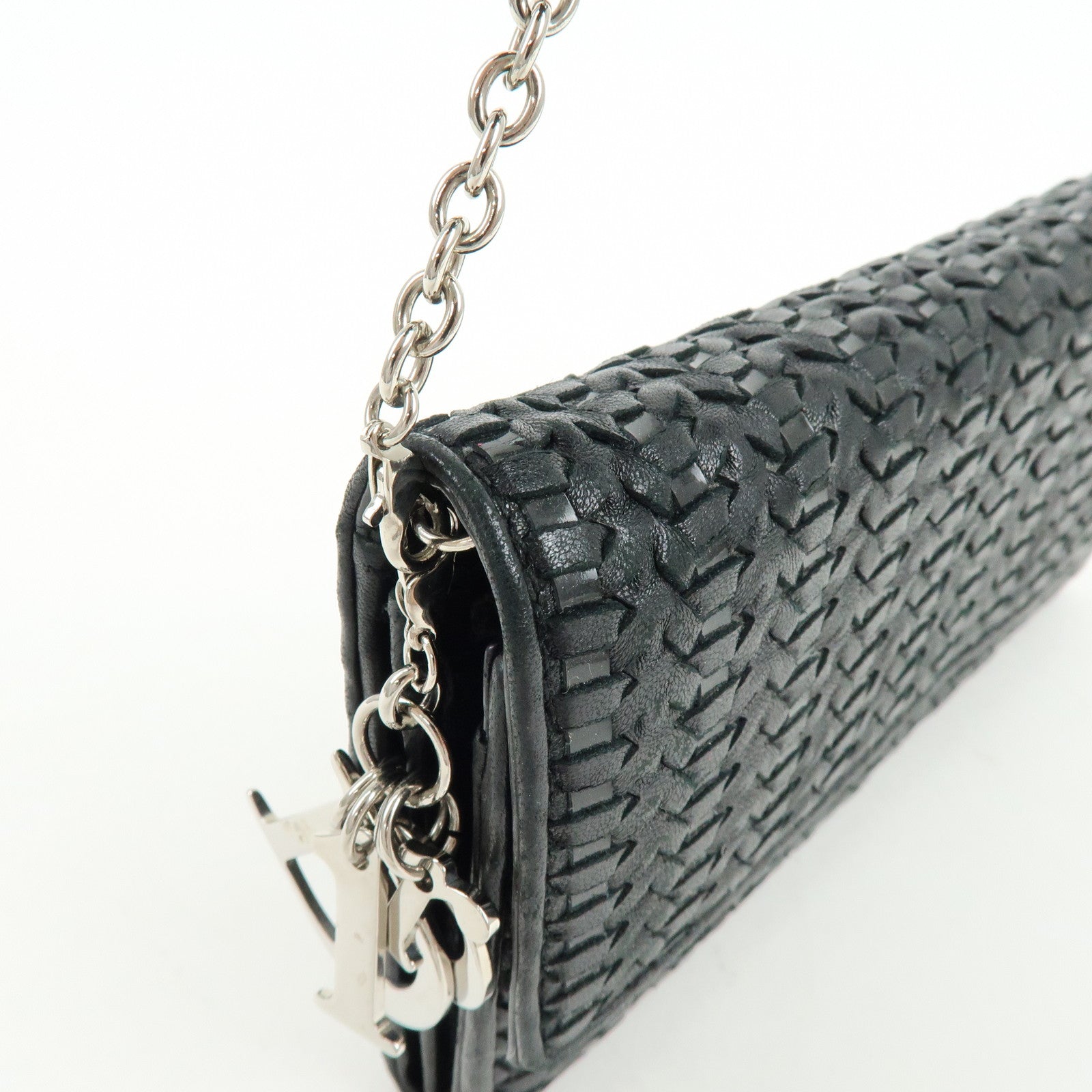 Christian Dior Leather Chain Wallet WOC Hand Bag Black