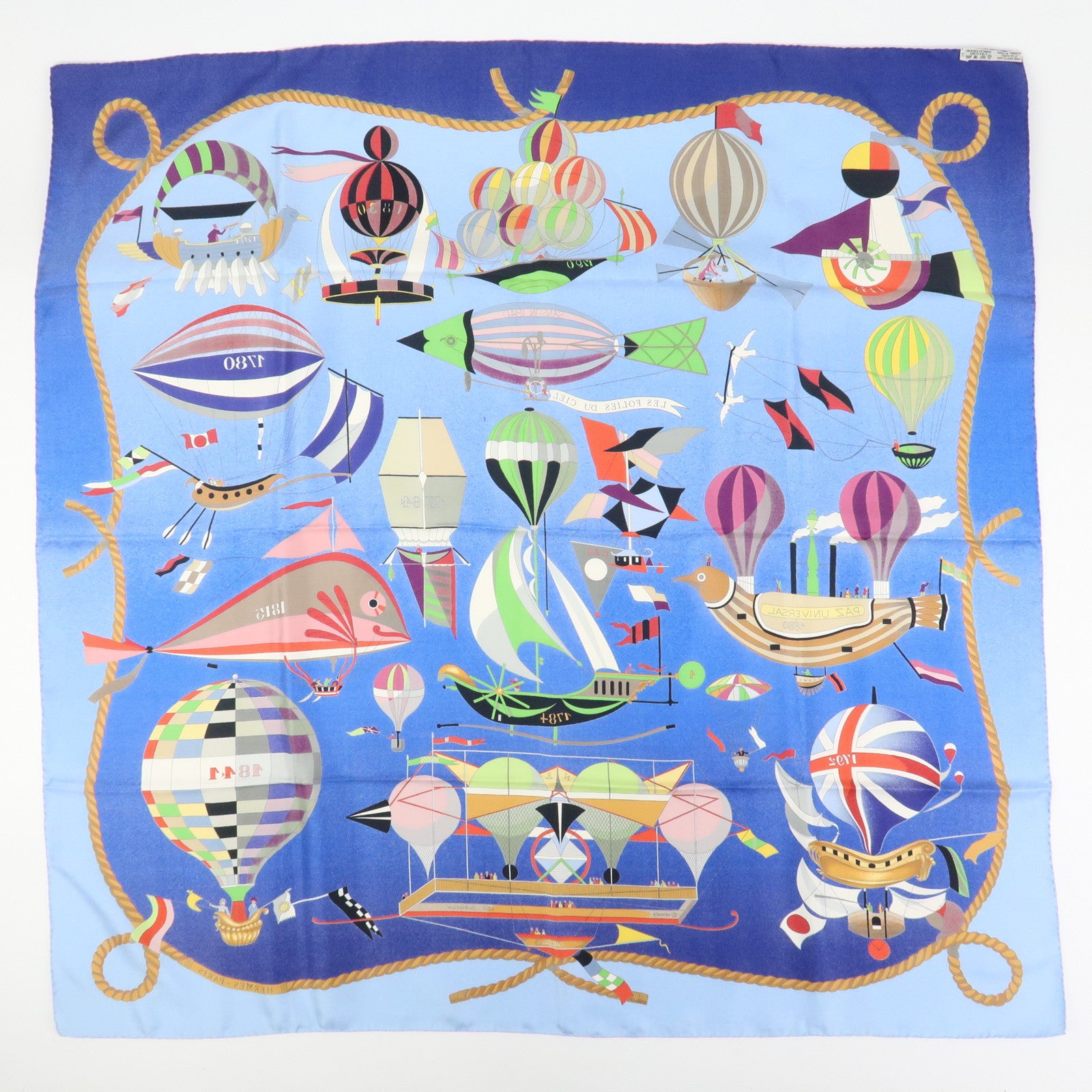 HERMES Carre 90 Silk 100% Scarf LES FOLIES DU CIEL Blue Multicolor