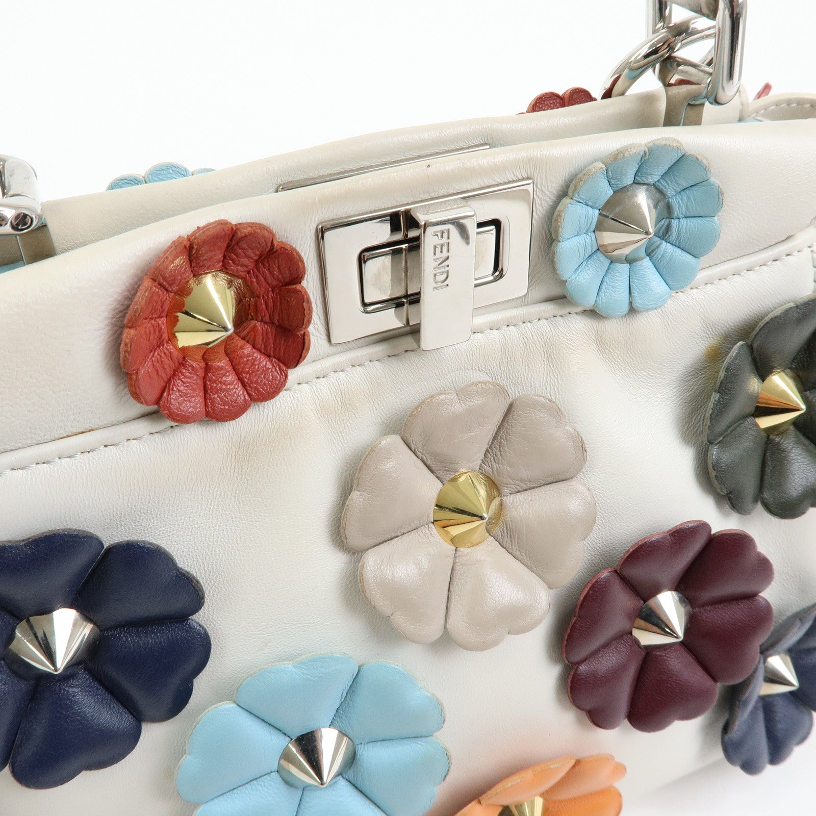 FENDI Peekaboo Mini 2Way Shoulder Bag Hand Bag Flower Ivory 8BN244