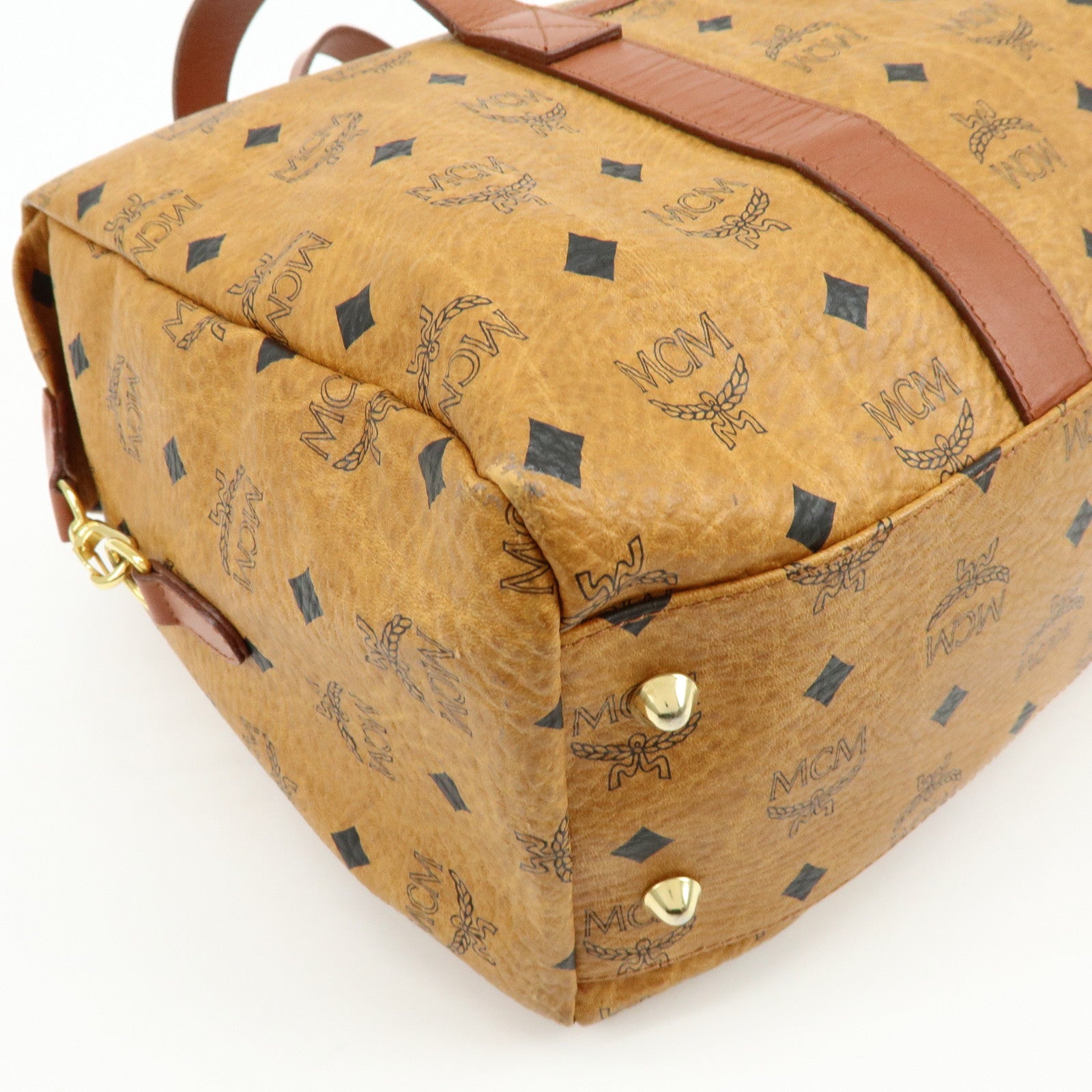 MCM Visetos PVC Leather Tote Bag Boston Bag Hand Bag Cognac Brown