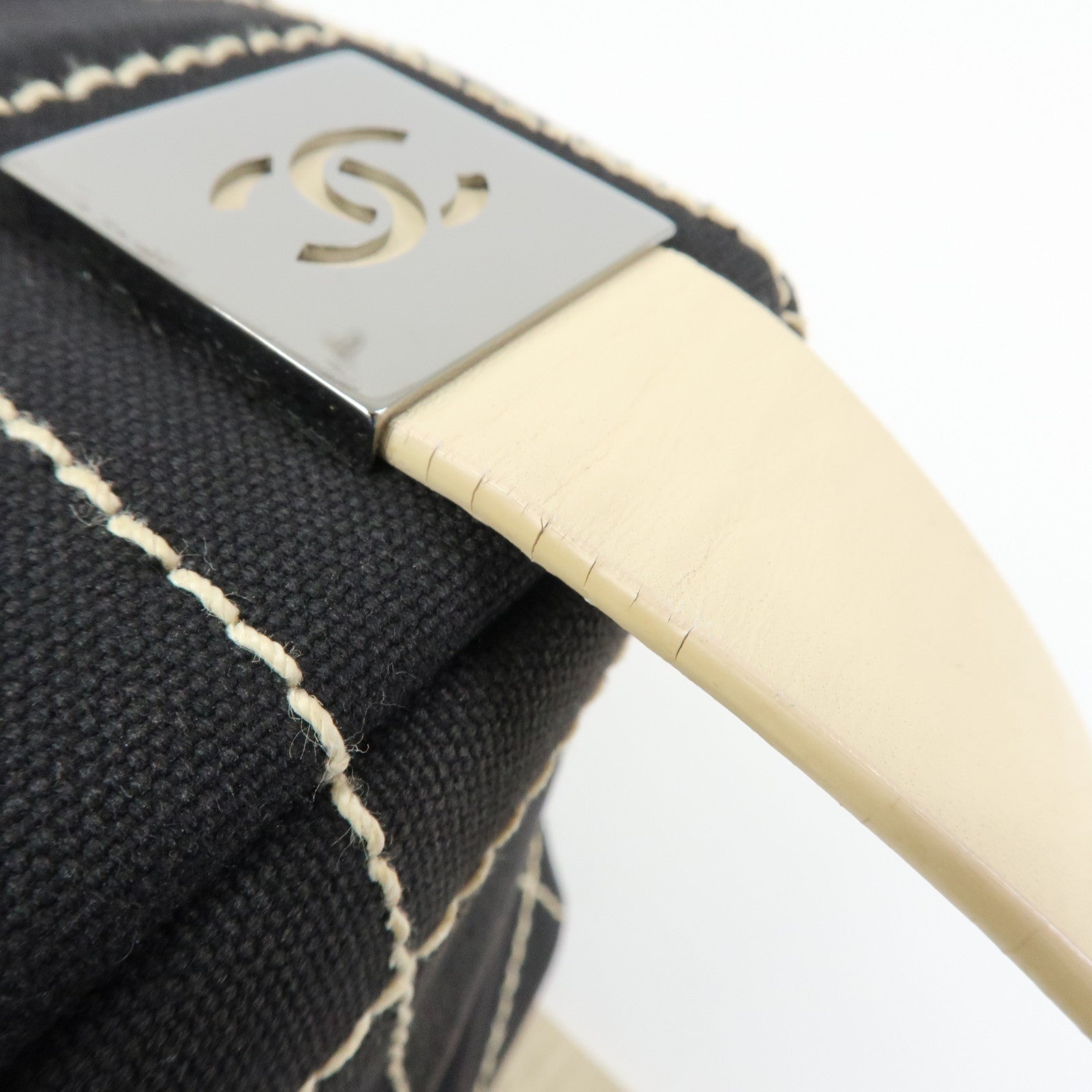 CHANEL Chocolate Bar Canvas Leather Hand Bag Black Ivory