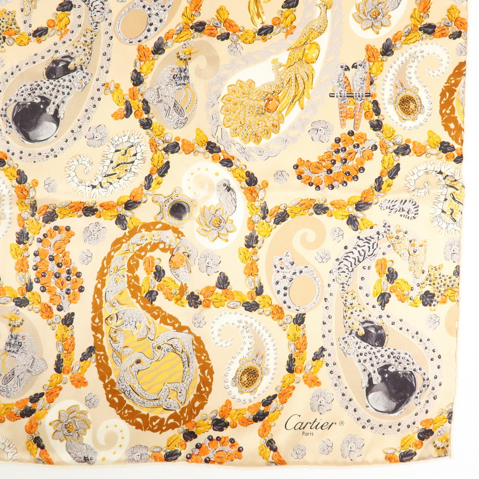 Cartier Silk 100% Scarf Panthere Jewelry Motif Beige