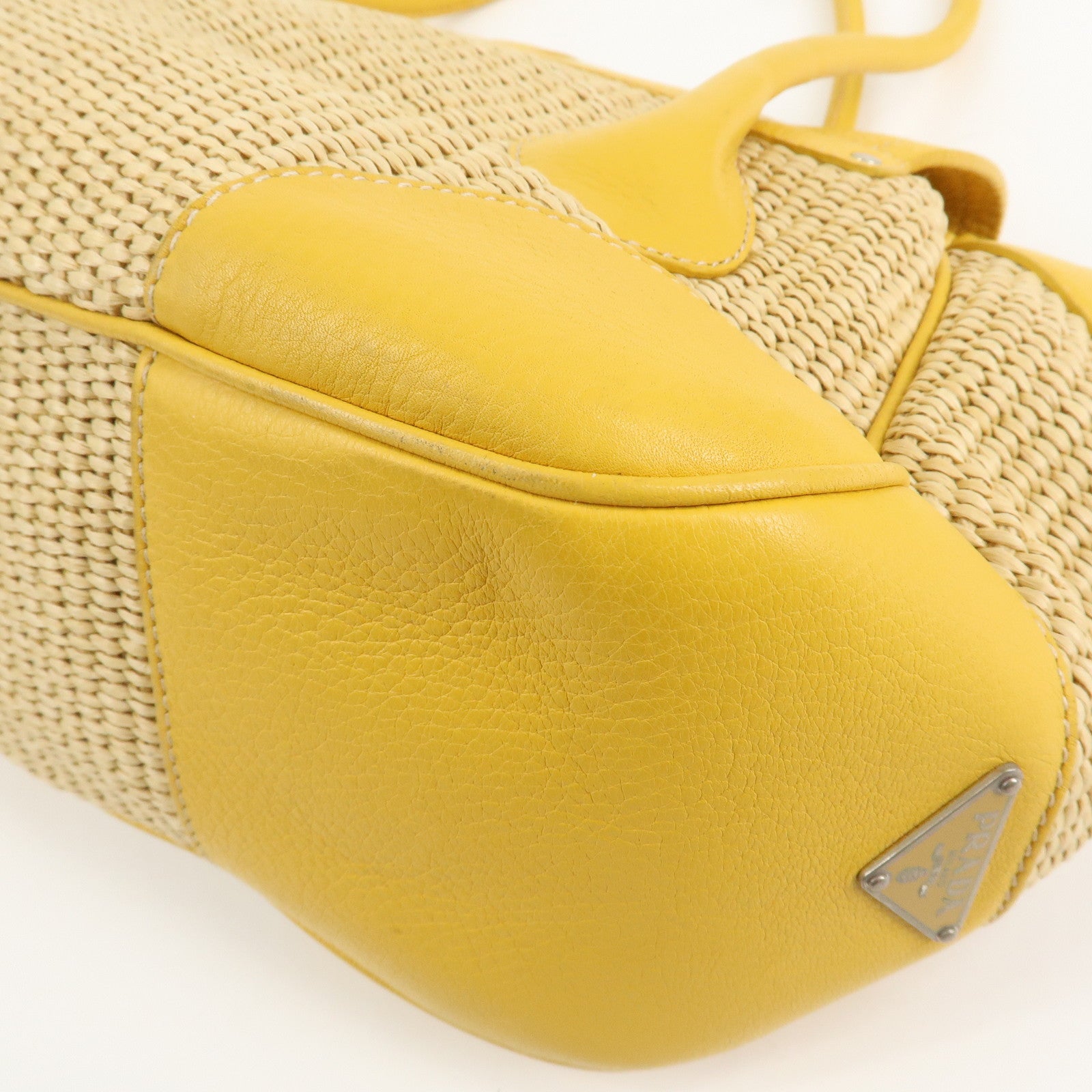 PRADA Triangle Logo Leather Raffia Tote Bag Beige Yellow Used