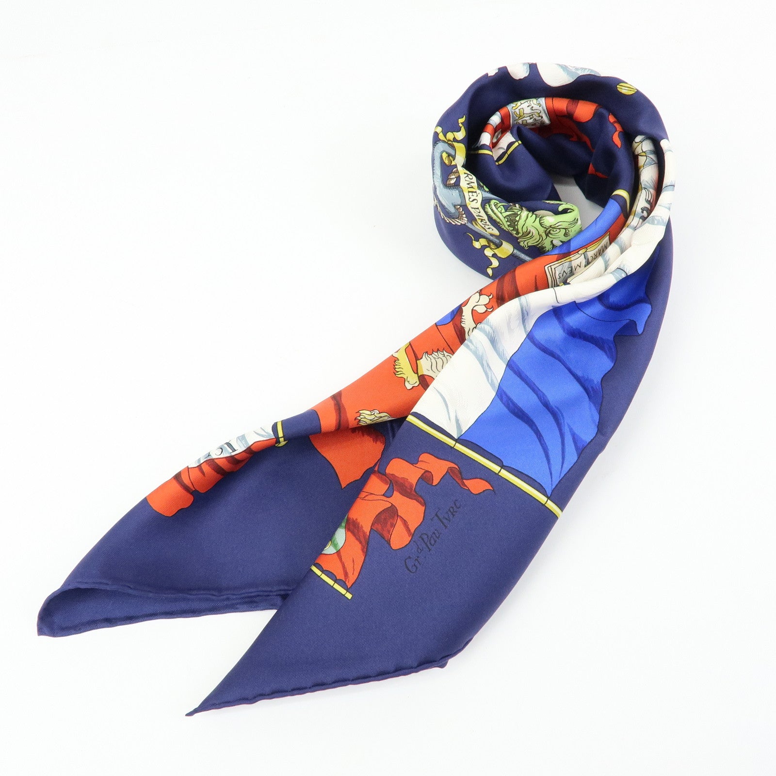 HERMES Carre 90 Silk 100% Scarf PAVOIS Navy Red