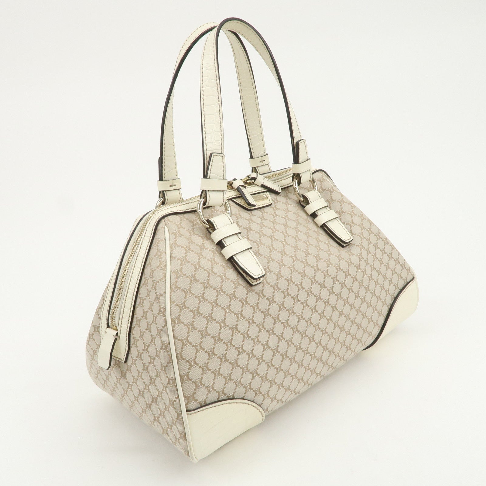 CELINE Macadam Canvas Leather Boston Bag Hand Bag Beige Ivory
