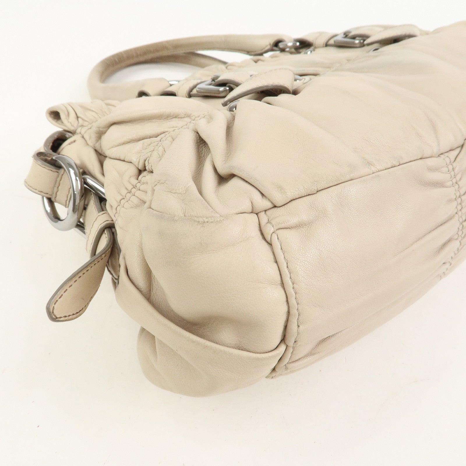 PRADA Nappa Leather Gathered 2Way Tote Shoulder Bag Beige BN1407