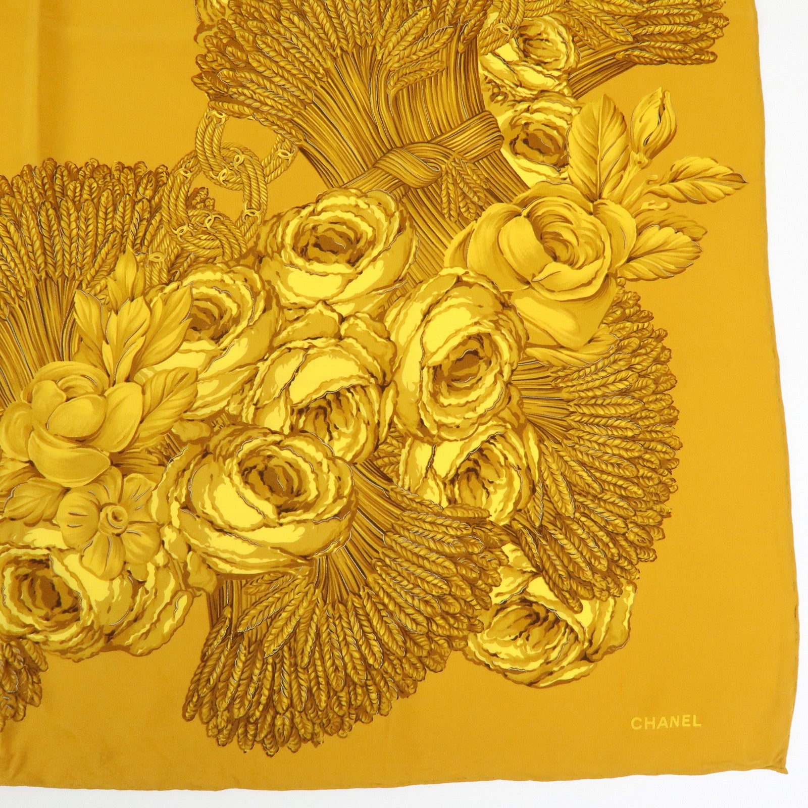 CHANEL Silk 100% Scarf Flower Motif Gold