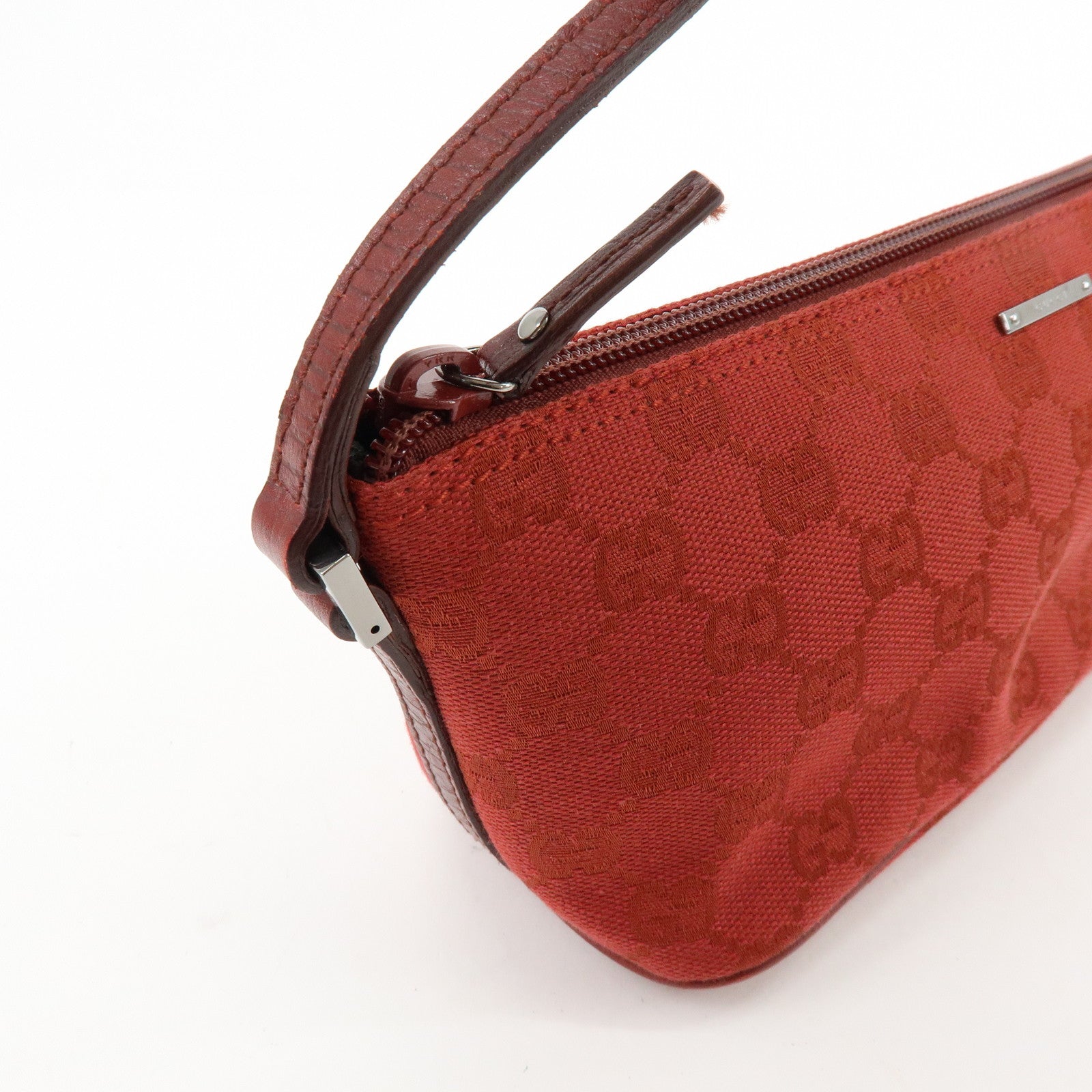 GUCCI Boat Bag GG Canvas Leather Accessory Pouch Hand Bag Red 07198