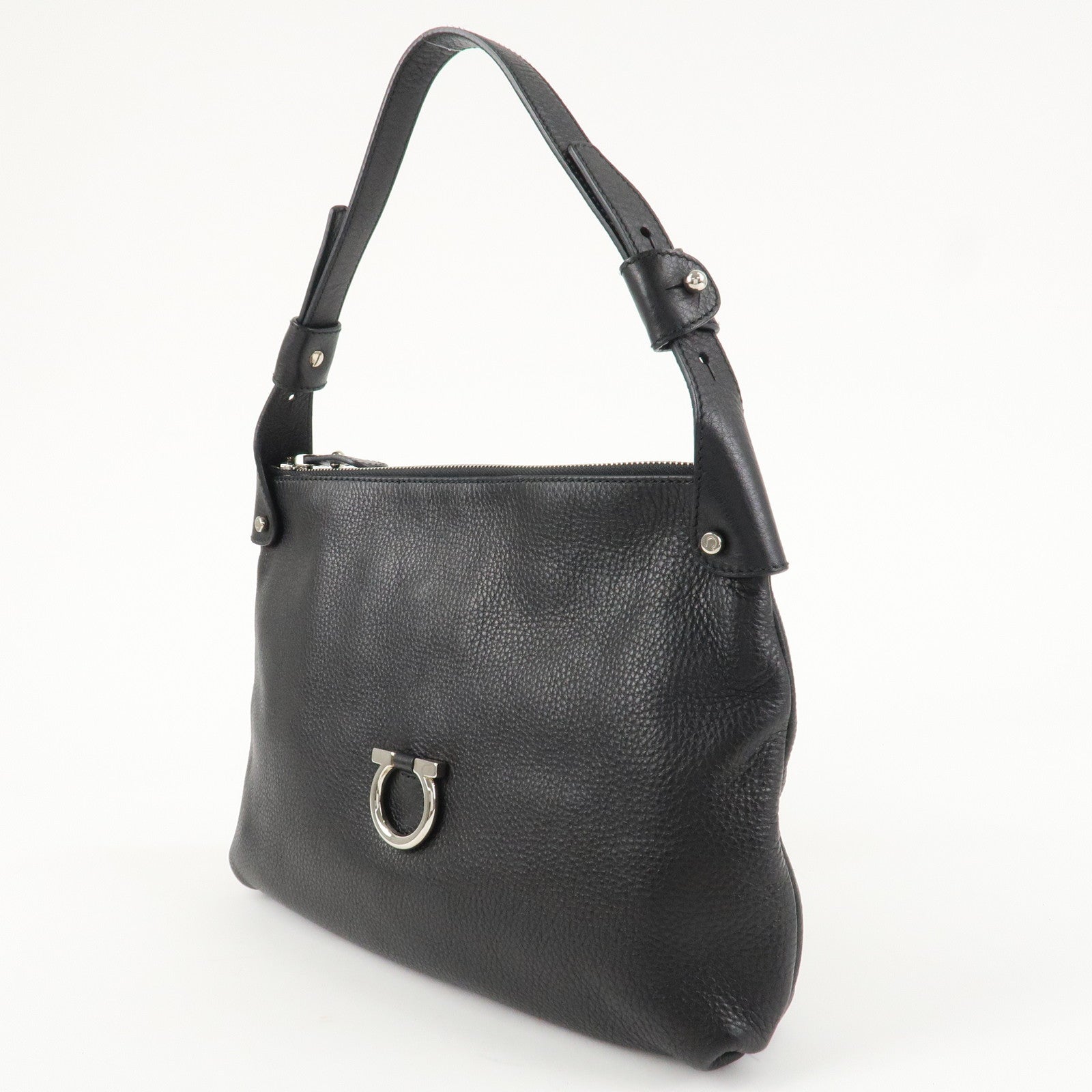 Ferragamo Gancini Leather Shoulder Bag Black Used