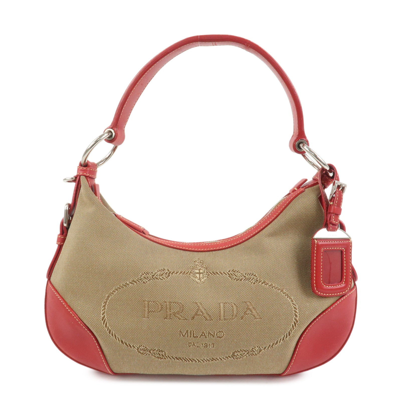 PRADA Logo Jacguard Leather Shoulder Bag Light Brown Red BR3429
